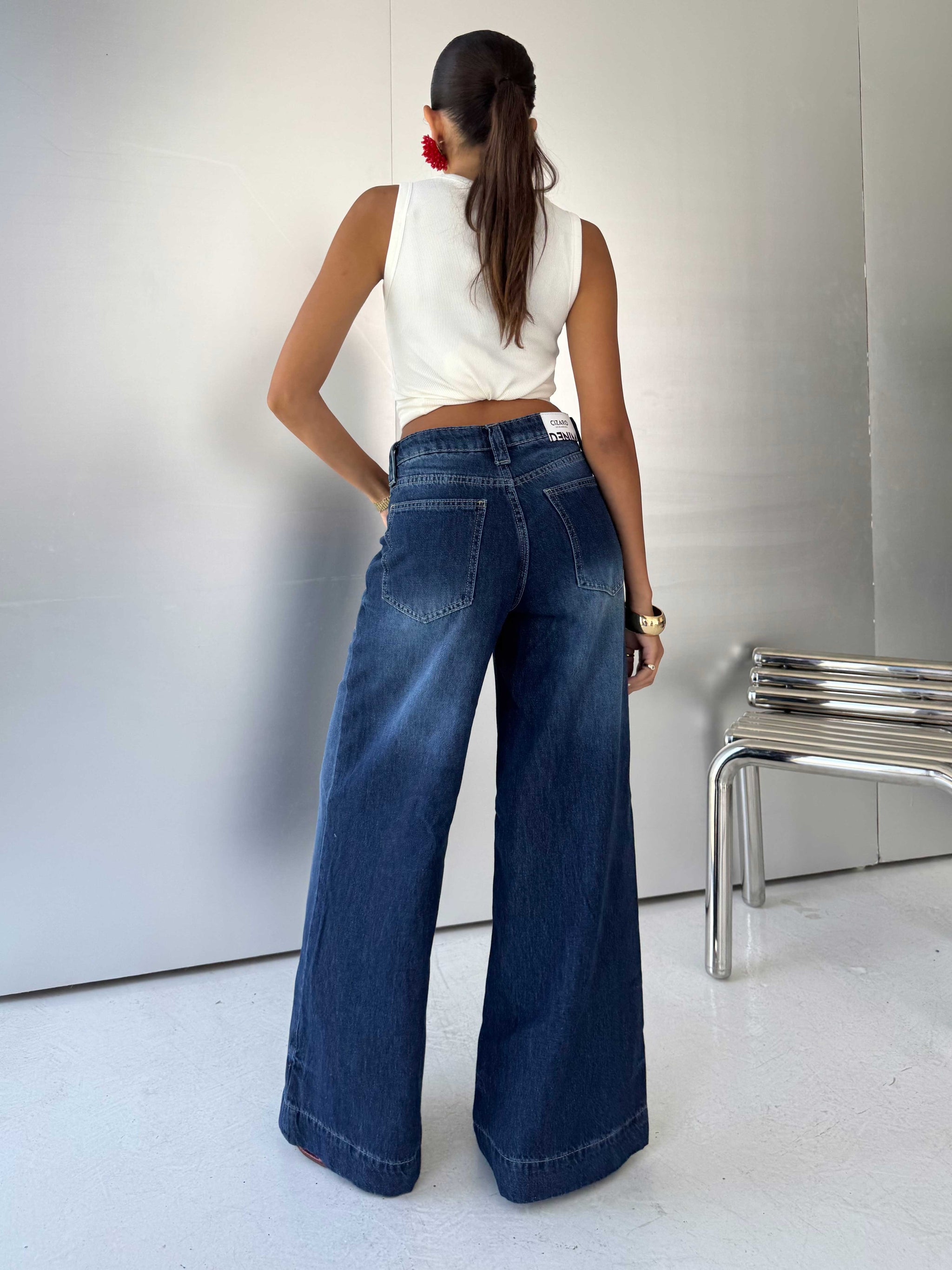 Statement Patch pocket Relaxed Wide leg High waist Ocean blue jeans Wide-Leg CIZARO - Cizaro Jeans