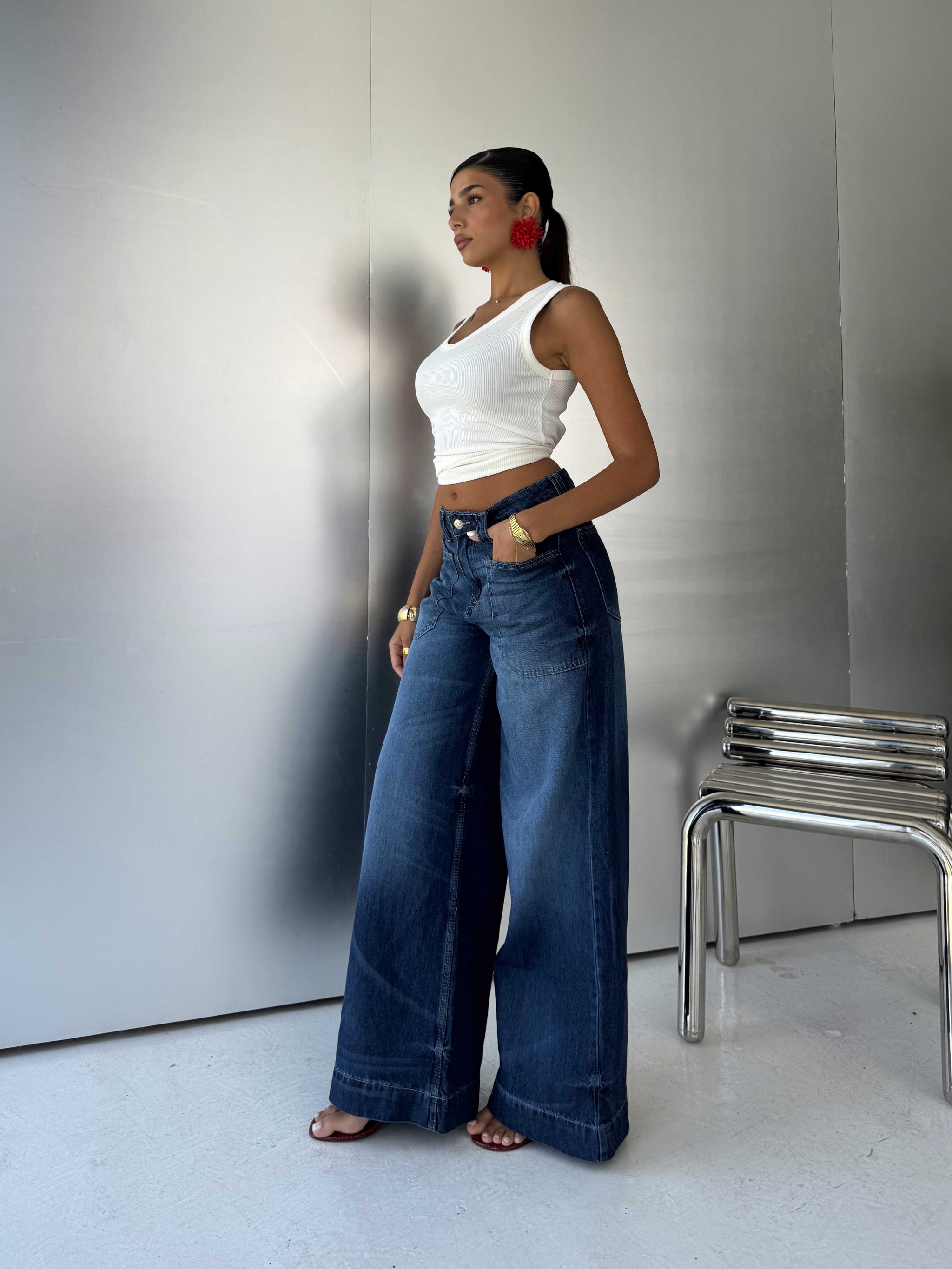 Statement Patch pocket Relaxed Wide leg High waist Ocean blue jeans Wide-Leg CIZARO - Cizaro Jeans