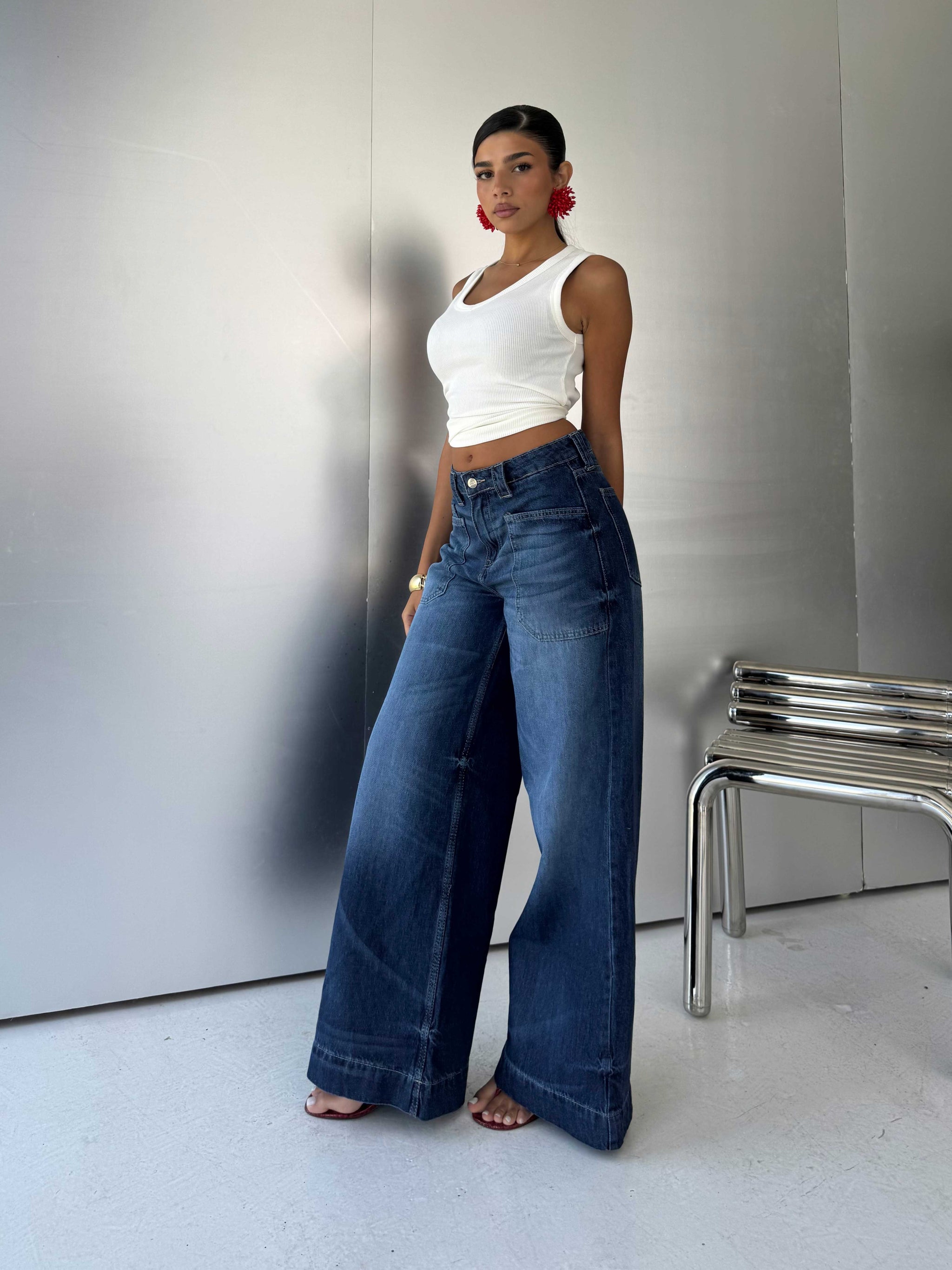 Statement Patch pocket Relaxed Wide leg High waist Ocean blue jeans Wide-Leg CIZARO - Cizaro Jeans
