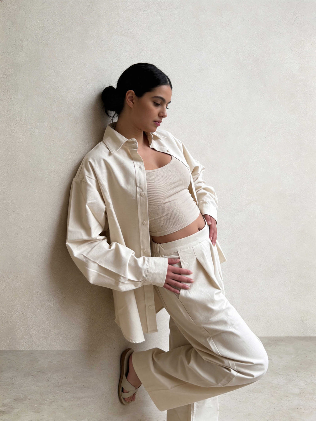 Trousers – Ecru Wide-Leg Linen Effect Trousers Wide Leg , non denim , trousers CIZARO - Cizaro Jeans