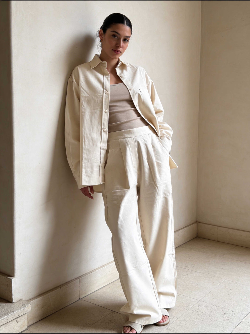 Trousers – Ecru Wide-Leg Linen Effect Trousers Wide Leg , non denim , trousers CIZARO - Cizaro Jeans
