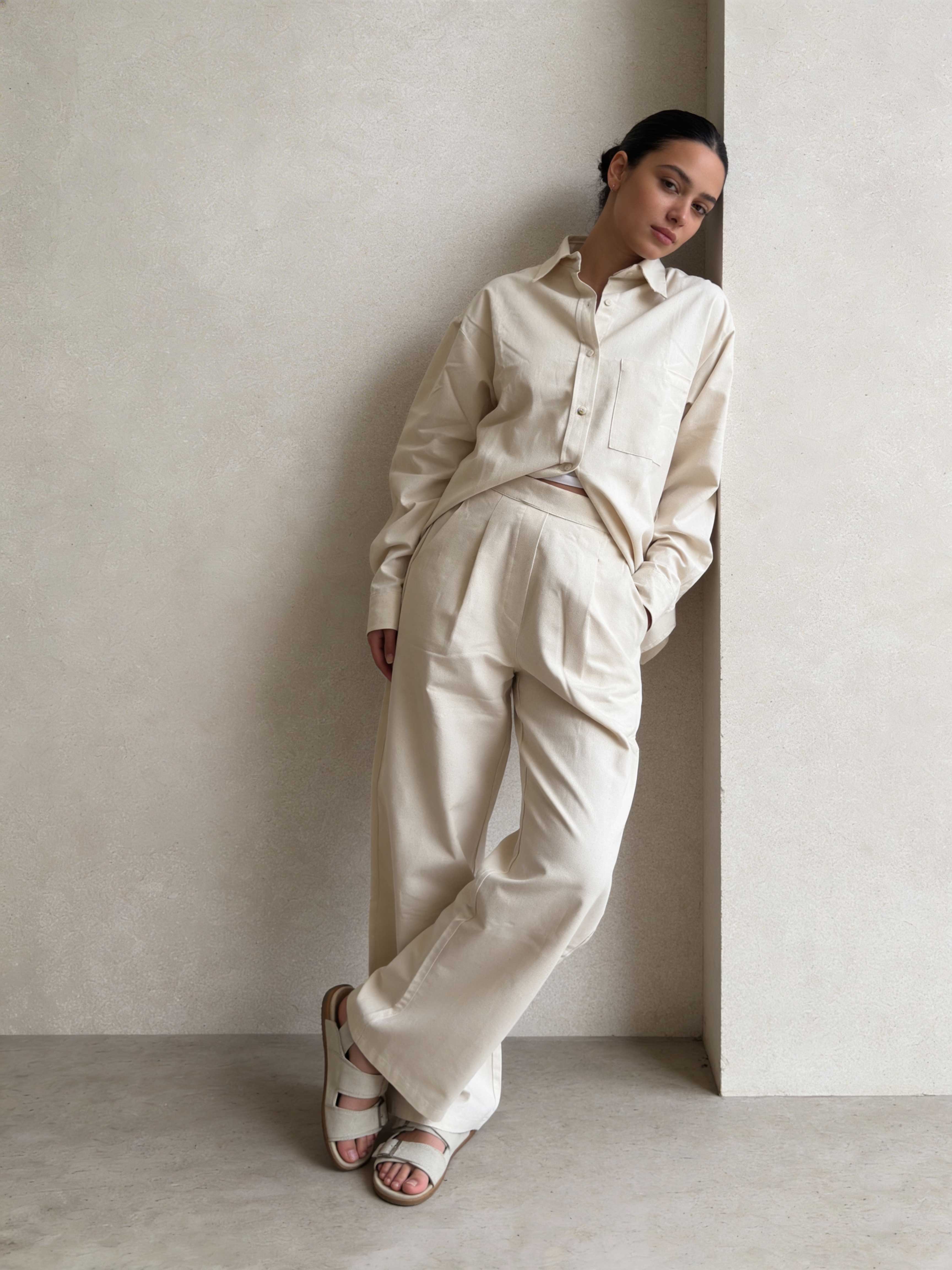 Trousers – Ecru Wide-Leg Linen Effect Trousers Wide Leg , non denim , trousers CIZARO - Cizaro Jeans