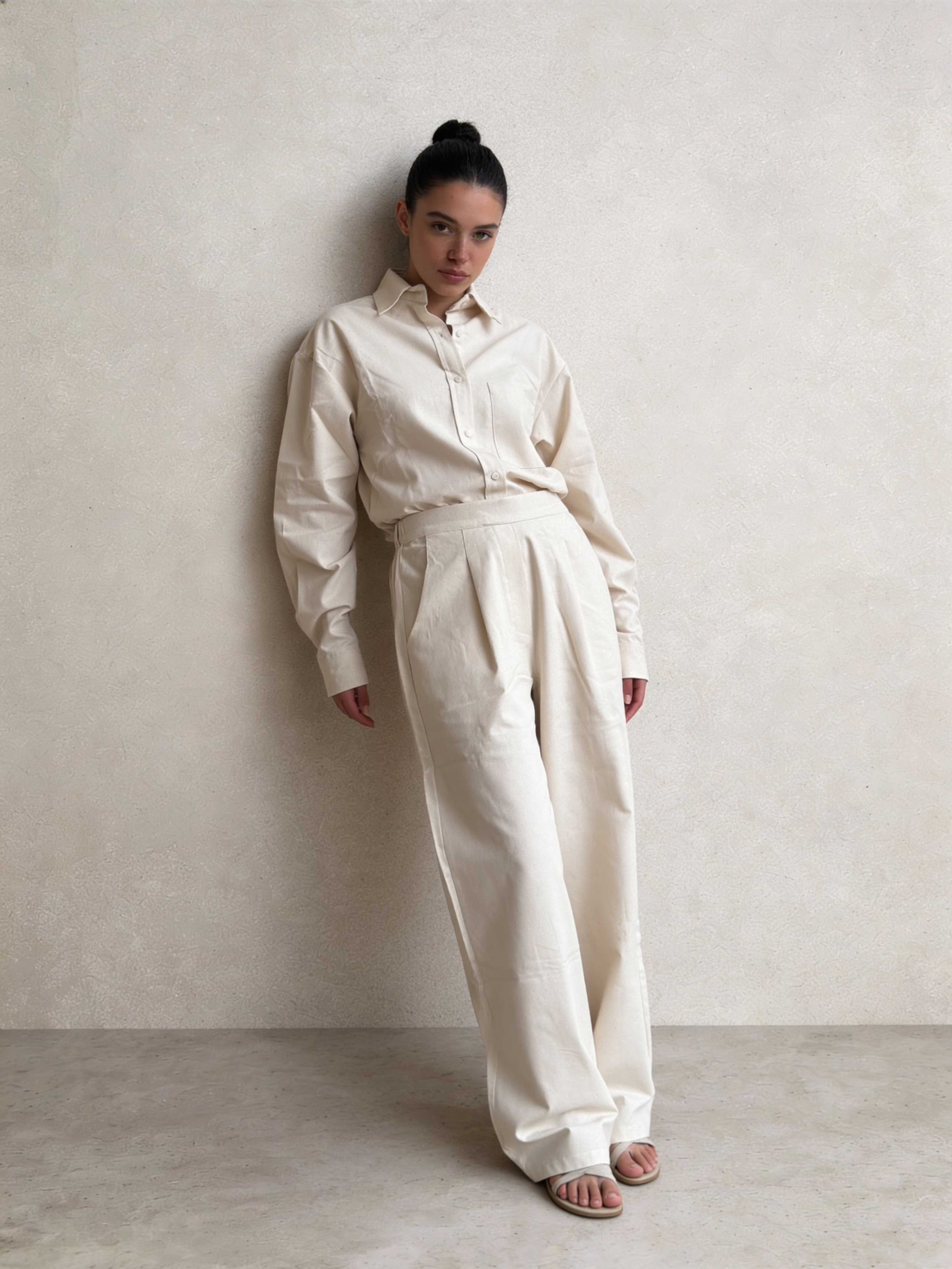 Trousers – Ecru Wide-Leg Linen Effect Trousers Wide Leg , non denim , trousers CIZARO - Cizaro Jeans