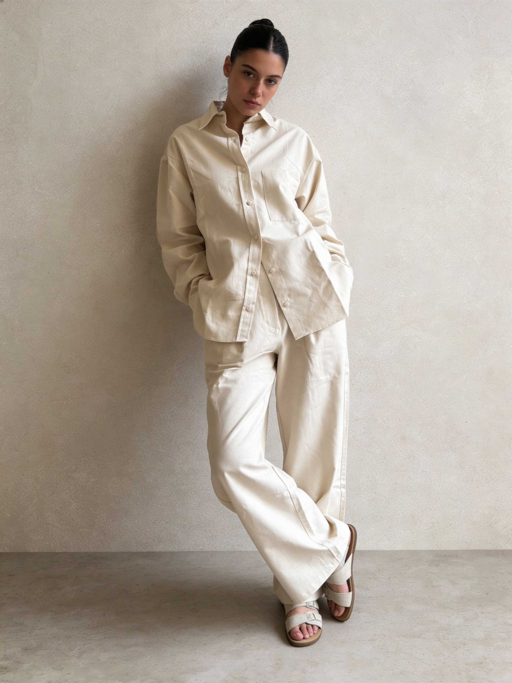 Trousers – Ecru Wide-Leg Linen Effect Trousers Wide Leg , non denim , trousers CIZARO - Cizaro Jeans