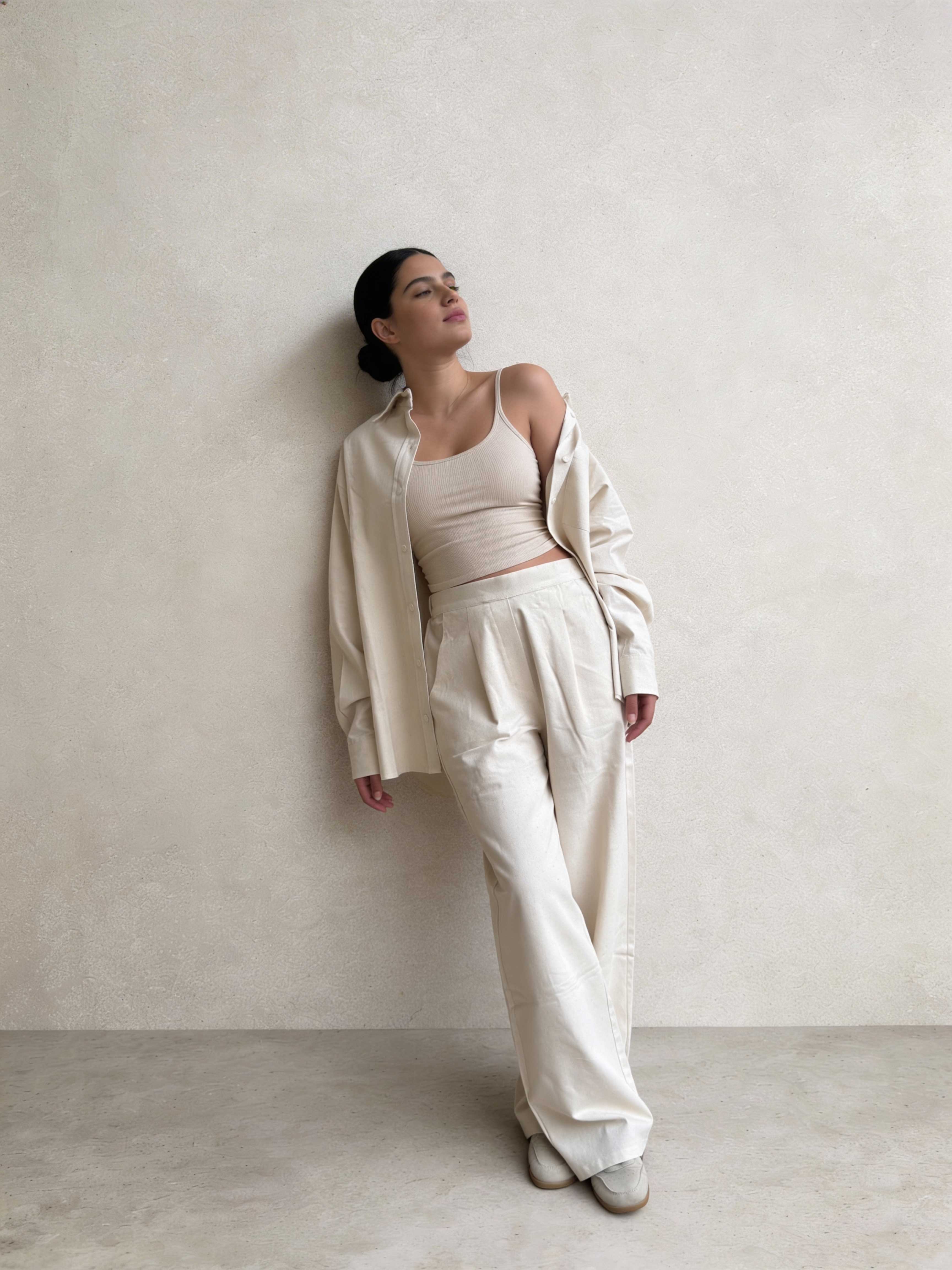 Trousers – Ecru Wide-Leg Linen Effect Trousers Wide Leg , non denim , trousers CIZARO - Cizaro Jeans
