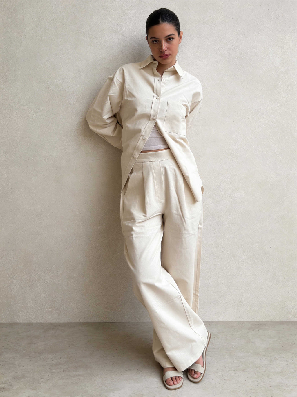 Trousers – Ecru Wide-Leg Linen Effect Trousers Wide Leg , non denim , trousers CIZARO - Cizaro Jeans