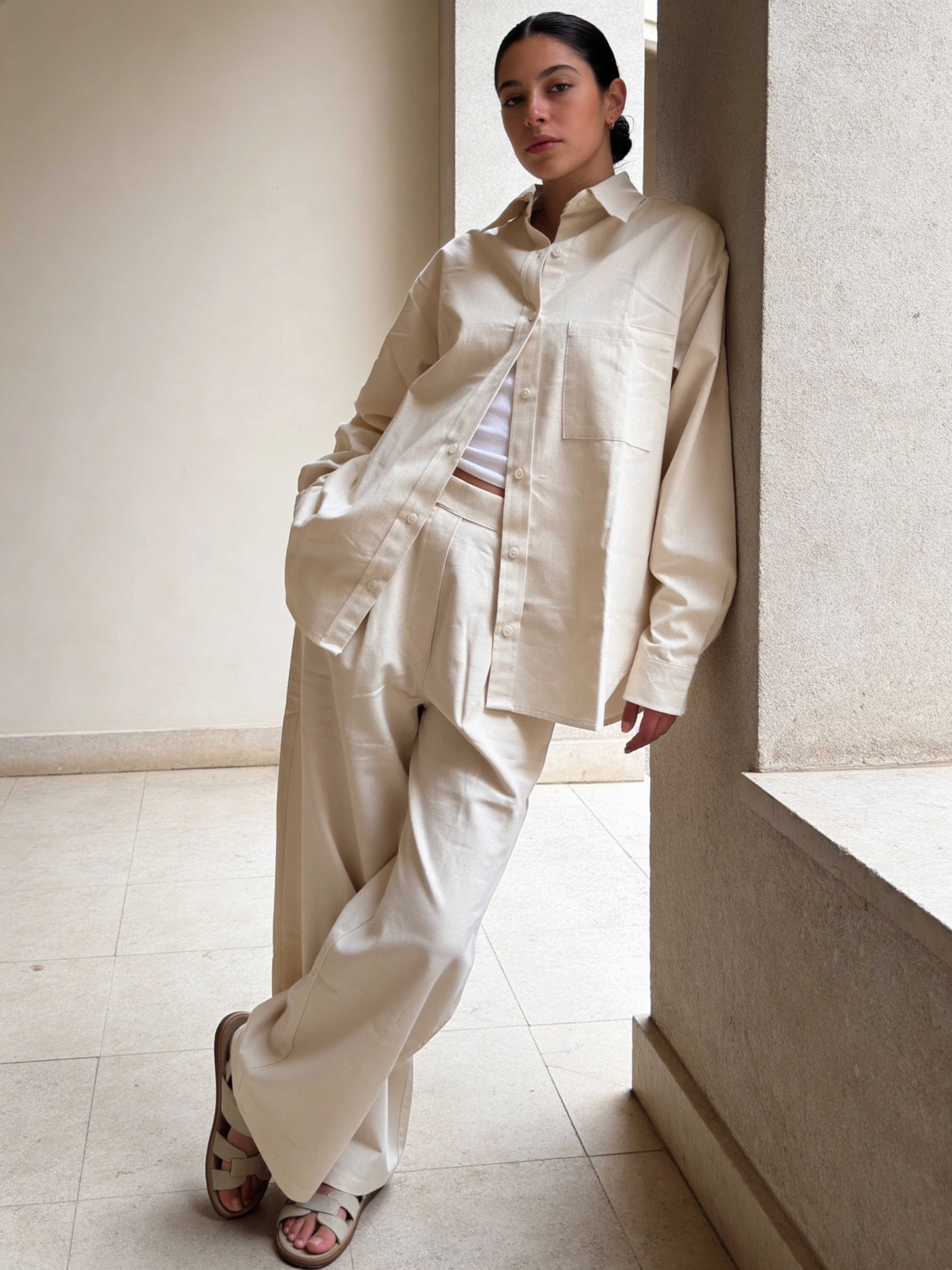 Shirt – Ecru Oversized Linen Effect Shirt Shirts - Tops CIZARO - Cizaro Jeans