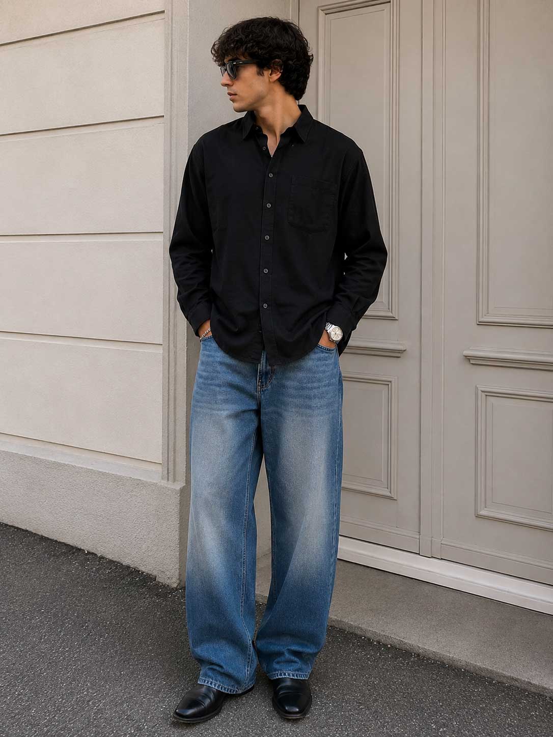 Regular Fit Linen-Blend Shirt – Black Shirt CIZARO - Cizaro Jeans