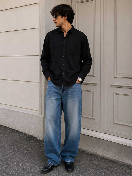 Regular Fit Linen-Blend Shirt – Black Shirt CIZARO - Cizaro Jeans
