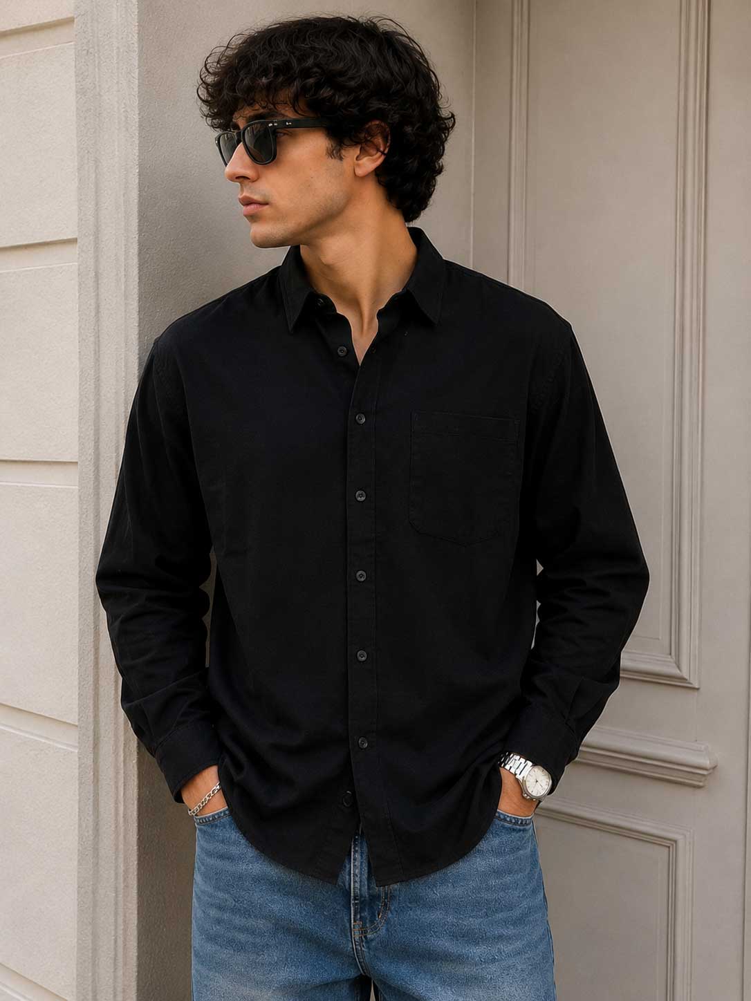 Regular Fit Linen-Blend Shirt – Black Shirt CIZARO - Cizaro Jeans