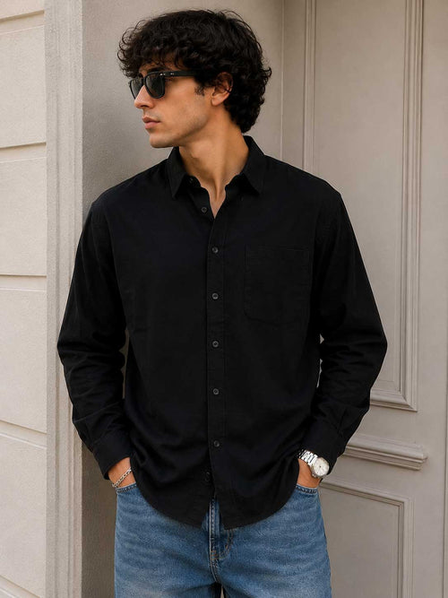 Regular Fit Linen-Blend Shirt – Black Shirt CIZARO - Cizaro Jeans
