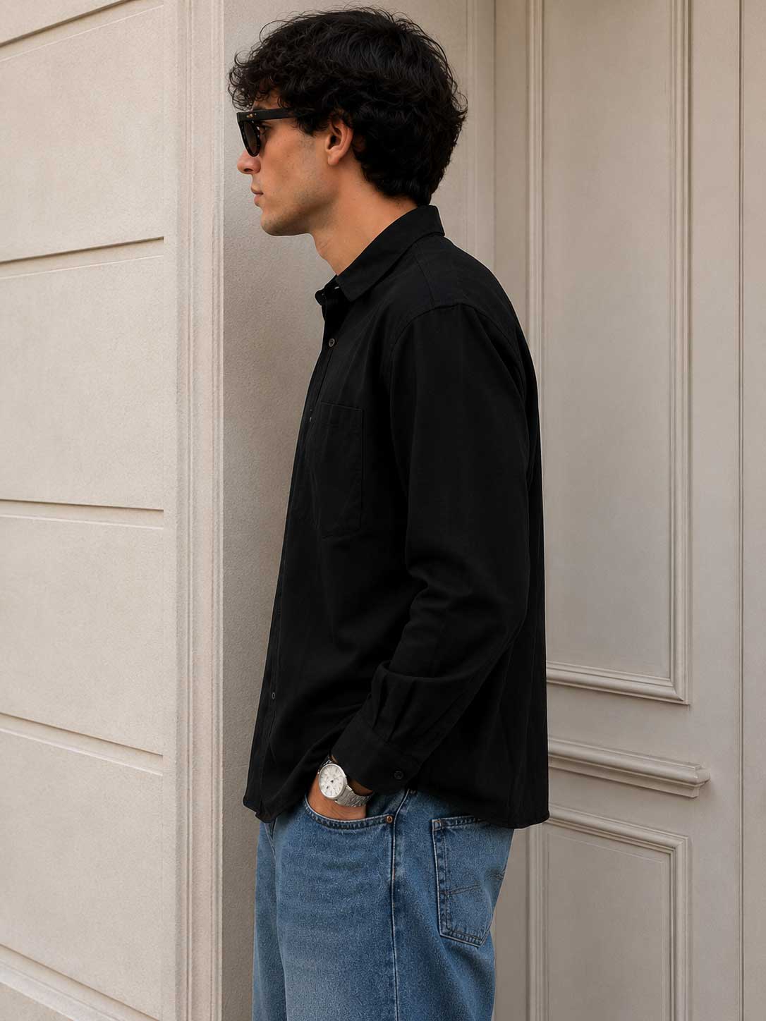 Regular Fit Linen-Blend Shirt – Black Shirt CIZARO - Cizaro Jeans
