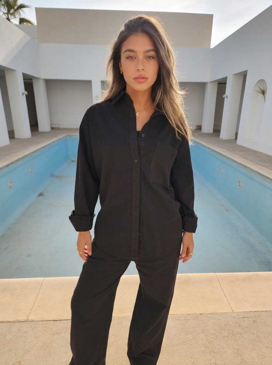 Black Oversized Shirt – Linen Effect Shirt - Summer collection - linen sets CIZARO - Cizaro Jeans