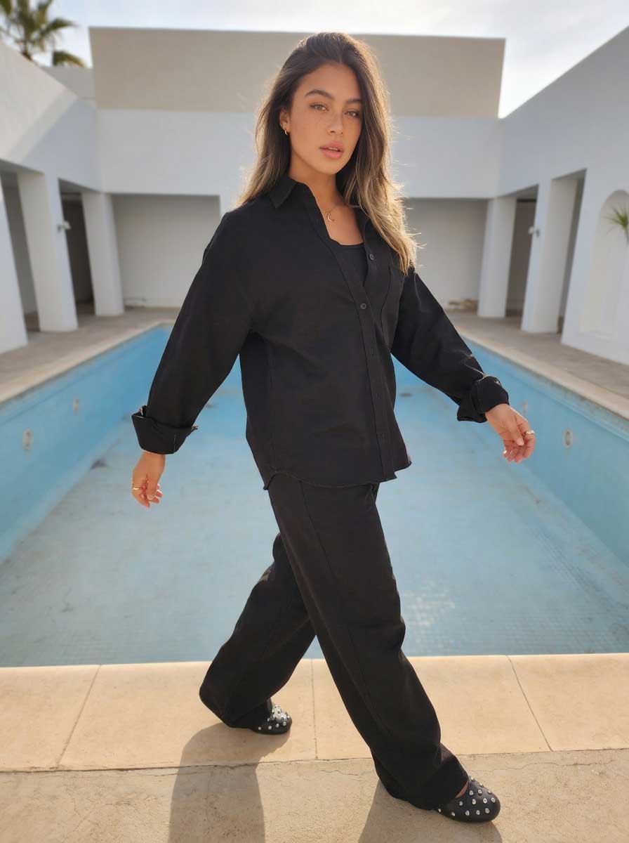Black Oversized Shirt – Linen Effect Shirt - Summer collection - linen sets CIZARO - Cizaro Jeans