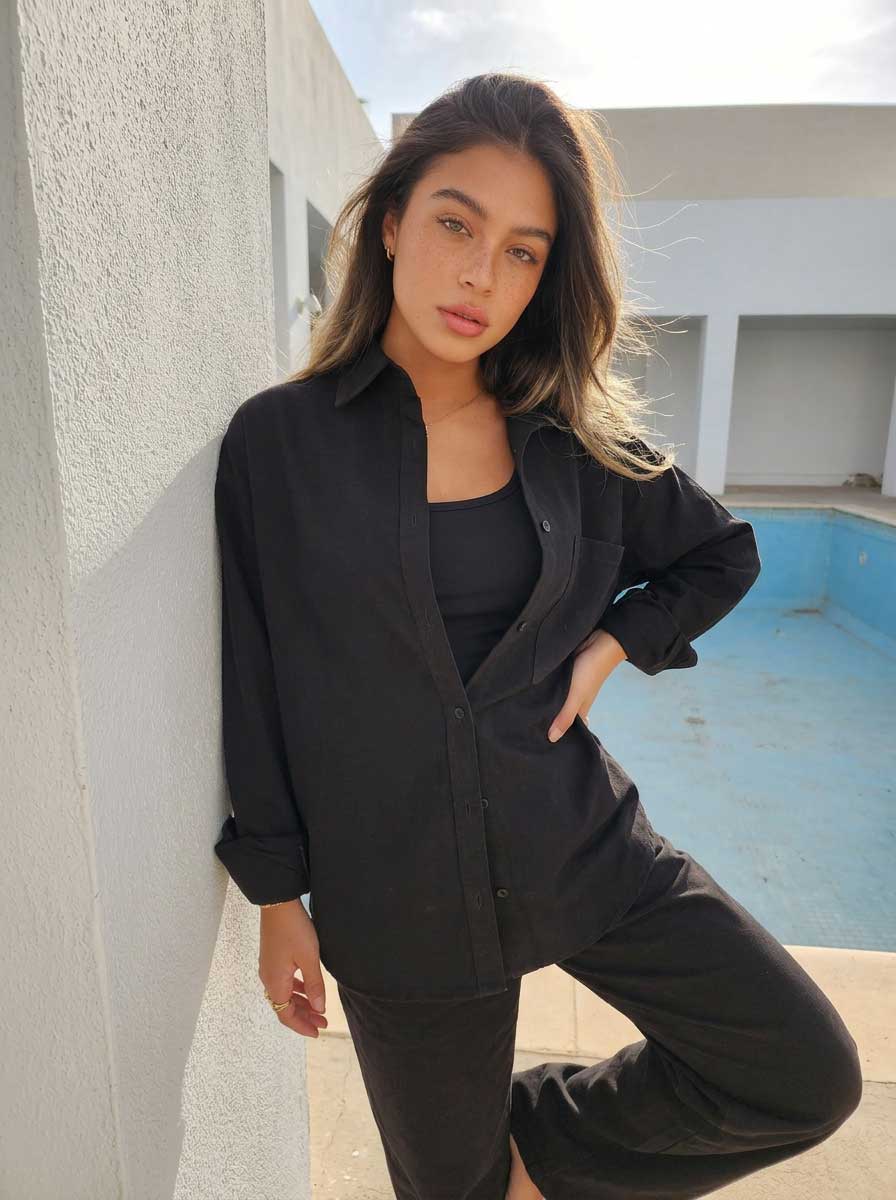 Black Oversized Shirt – Linen Effect Shirt - Summer collection - linen sets CIZARO - Cizaro Jeans