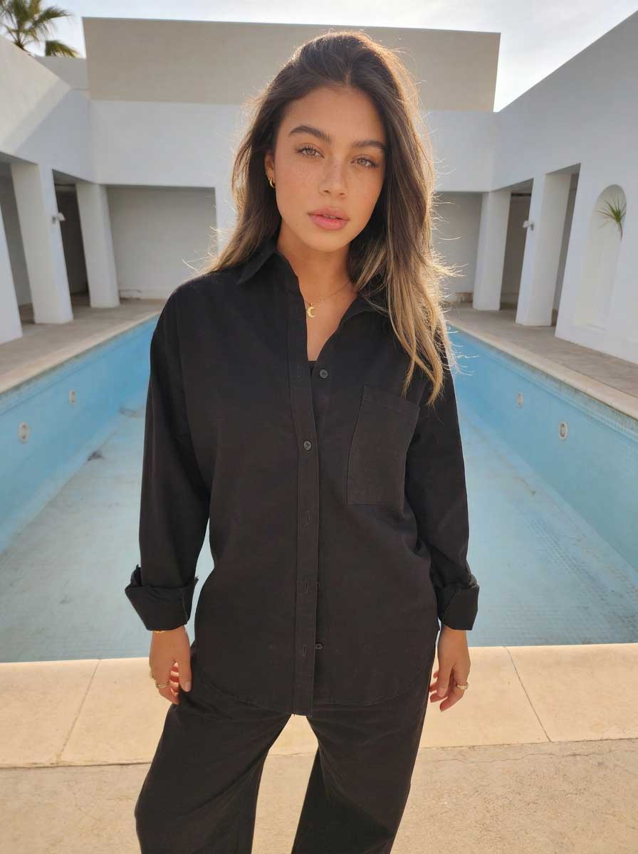 Black Oversized Shirt – Linen Effect Shirt - Summer collection - linen sets CIZARO - Cizaro Jeans