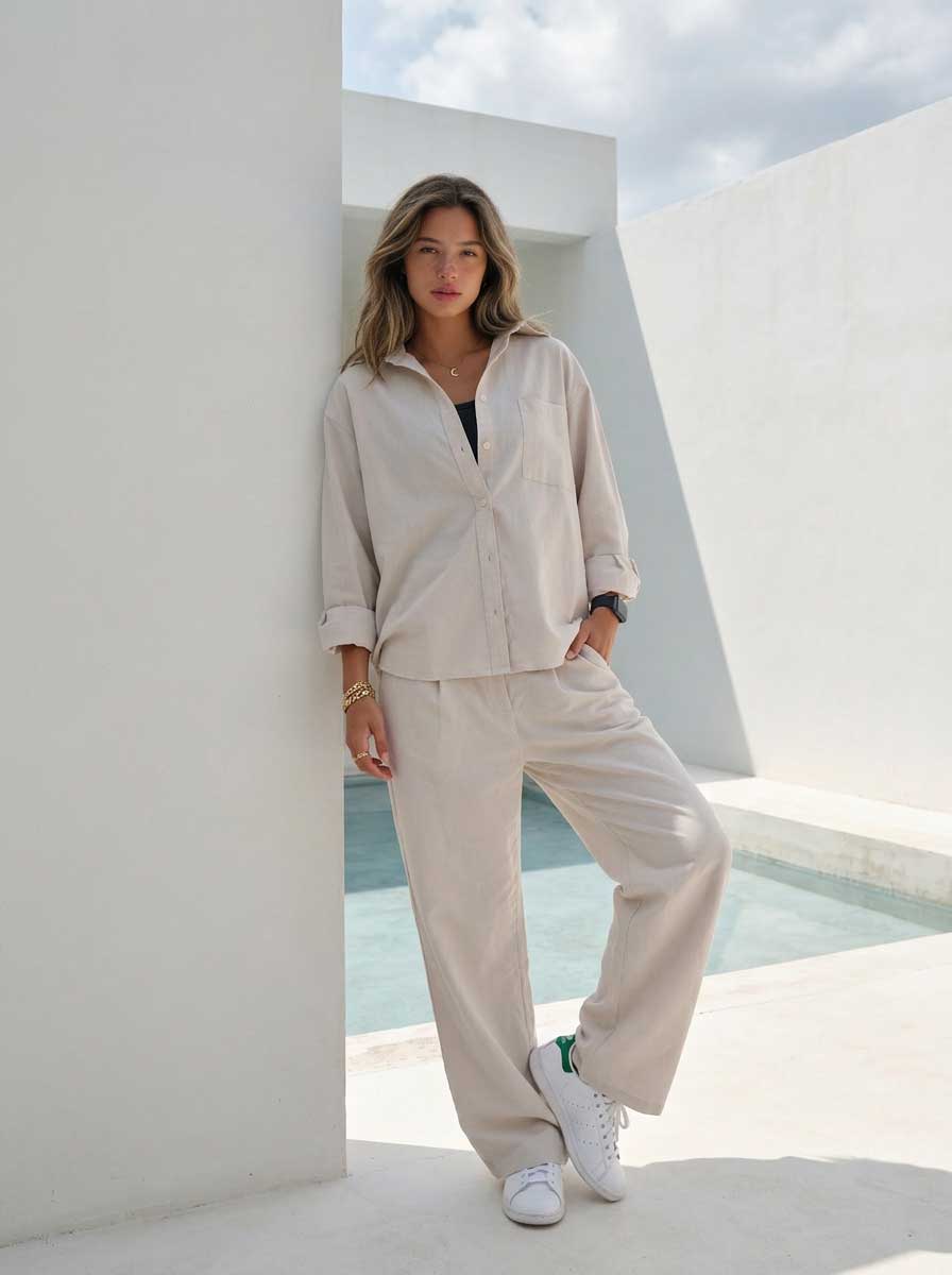 Soft Sand Oversized Shirt – Linen Effect Shirt - summer collection - linen sets CIZARO - Cizaro Jeans