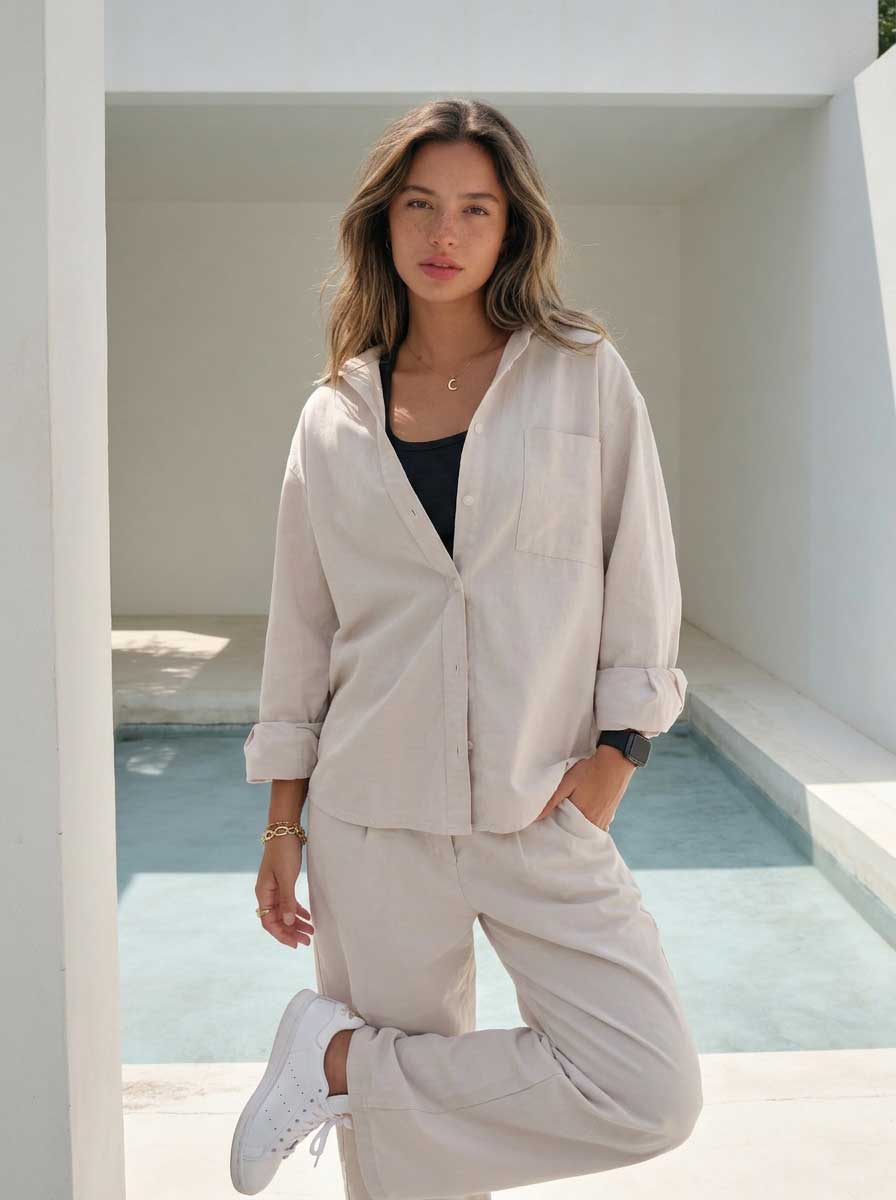Soft Sand Oversized Shirt – Linen Effect Shirt - summer collection - linen sets CIZARO - Cizaro Jeans