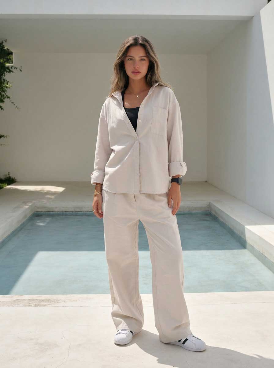 Soft Sand Oversized Shirt – Linen Effect Shirt - summer collection - linen sets CIZARO - Cizaro Jeans