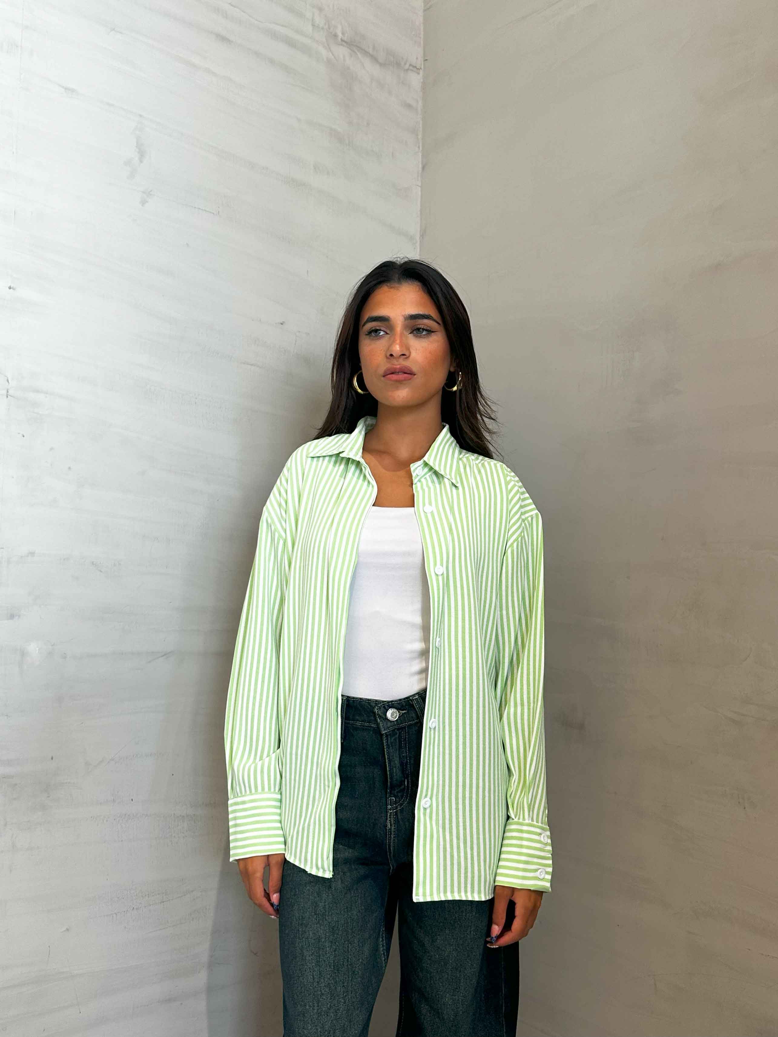 Shirt - Lime Green/White Striped. New Line CIZARO    - Cizaro Jeans