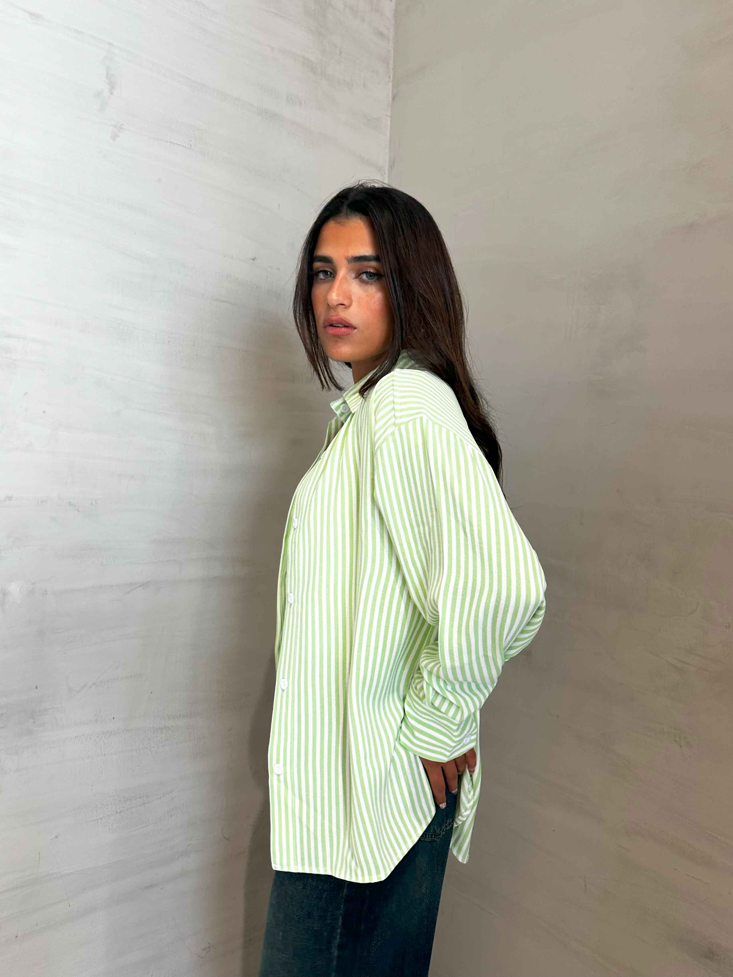 Shirt - Lime Green/White Striped. New Line CIZARO    - Cizaro Jeans