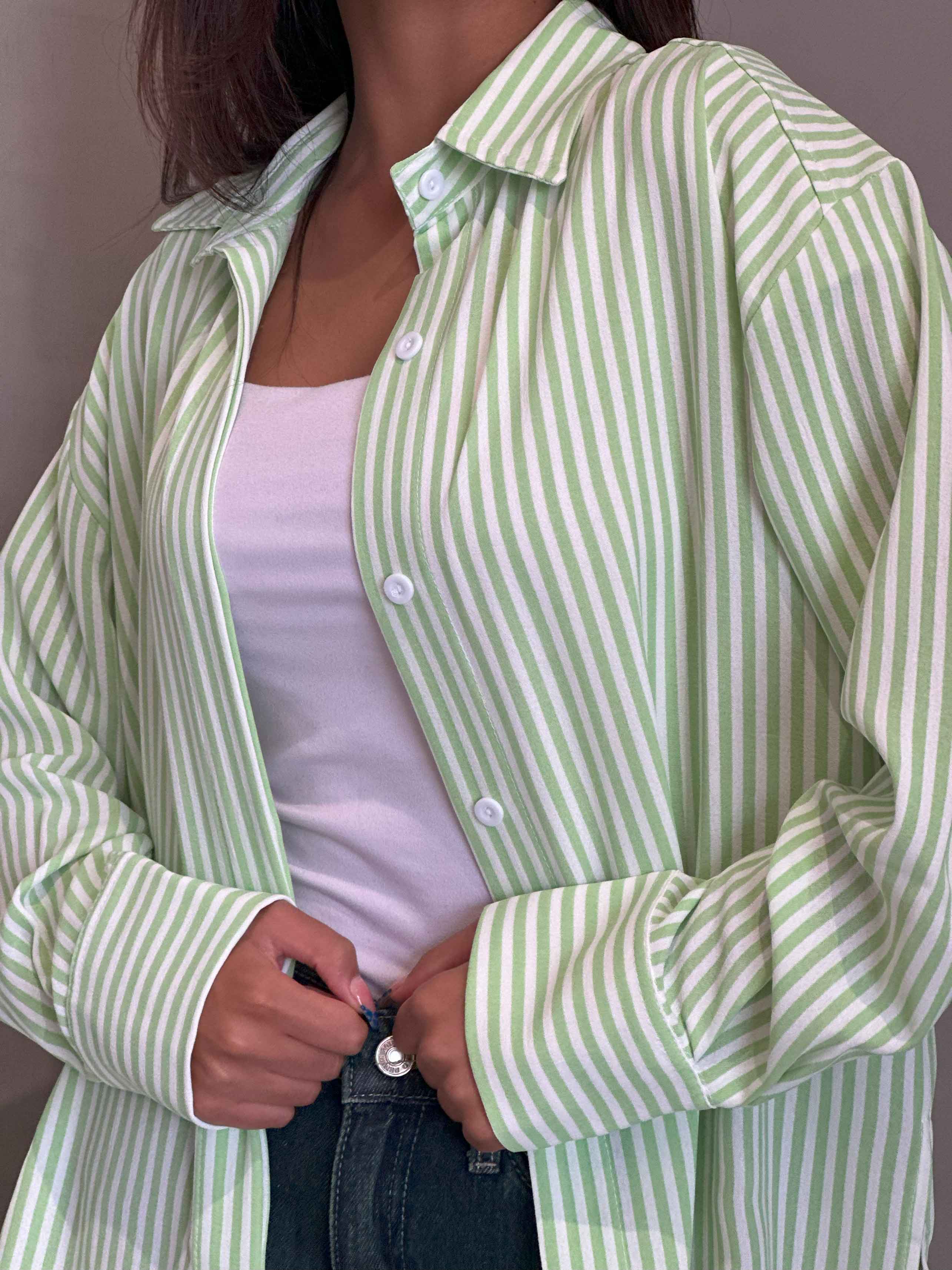 Shirt - Lime Green/White Striped. New Line CIZARO    - Cizaro Jeans