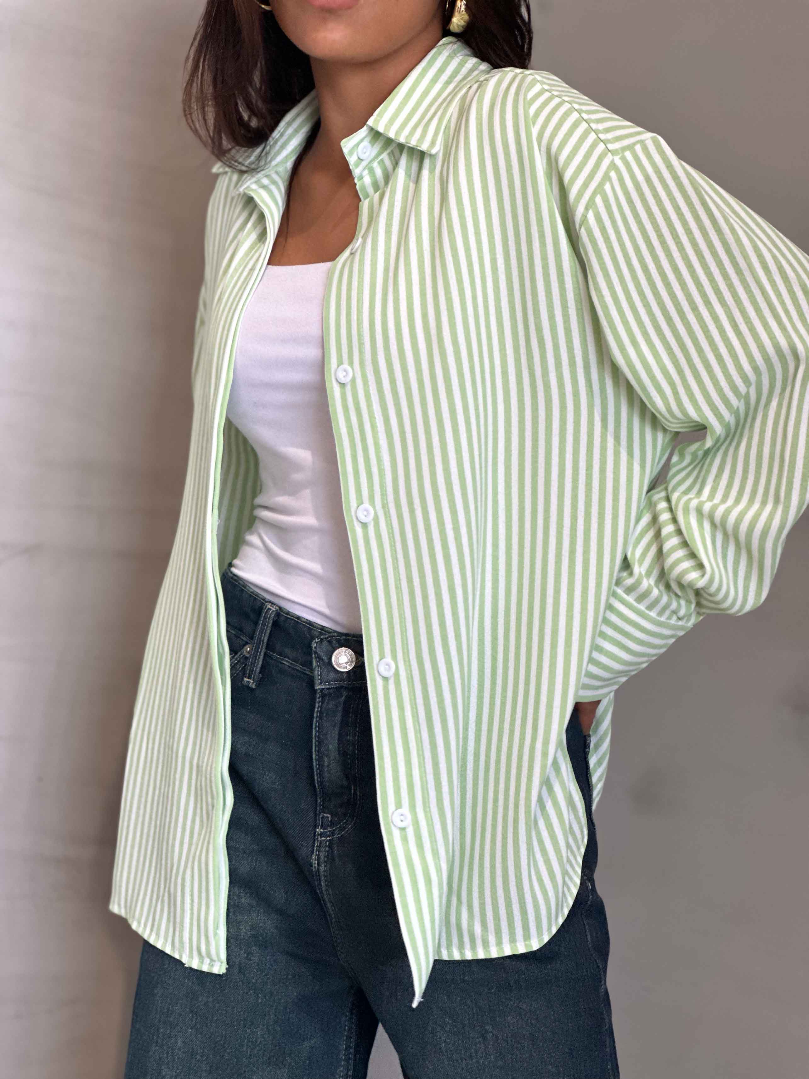 Shirt - Lime Green/White Striped. New Line CIZARO    - Cizaro Jeans