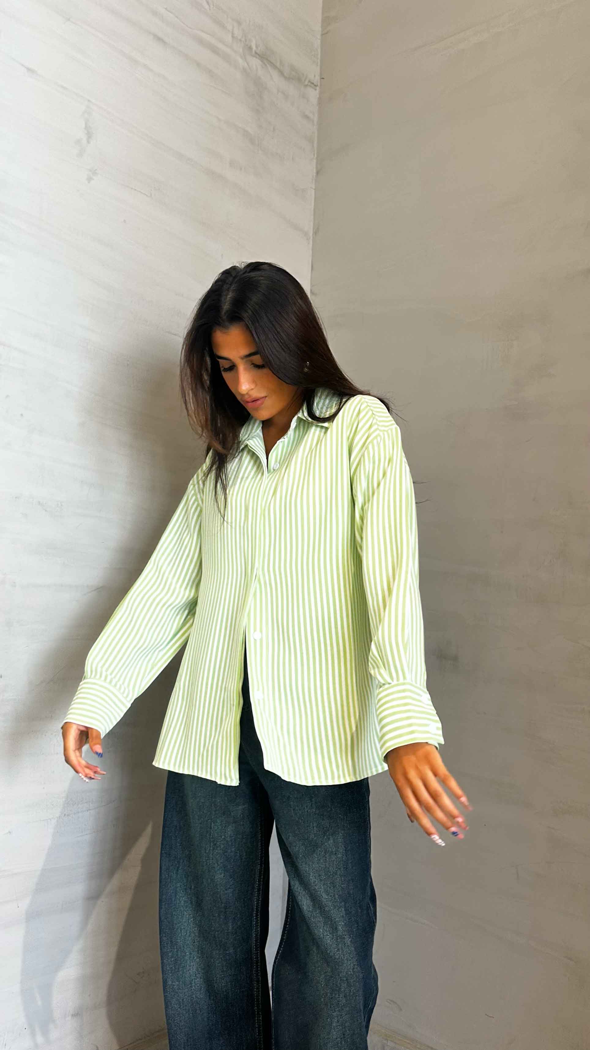 Shirt - Lime Green/White Striped. New Line CIZARO    - Cizaro Jeans