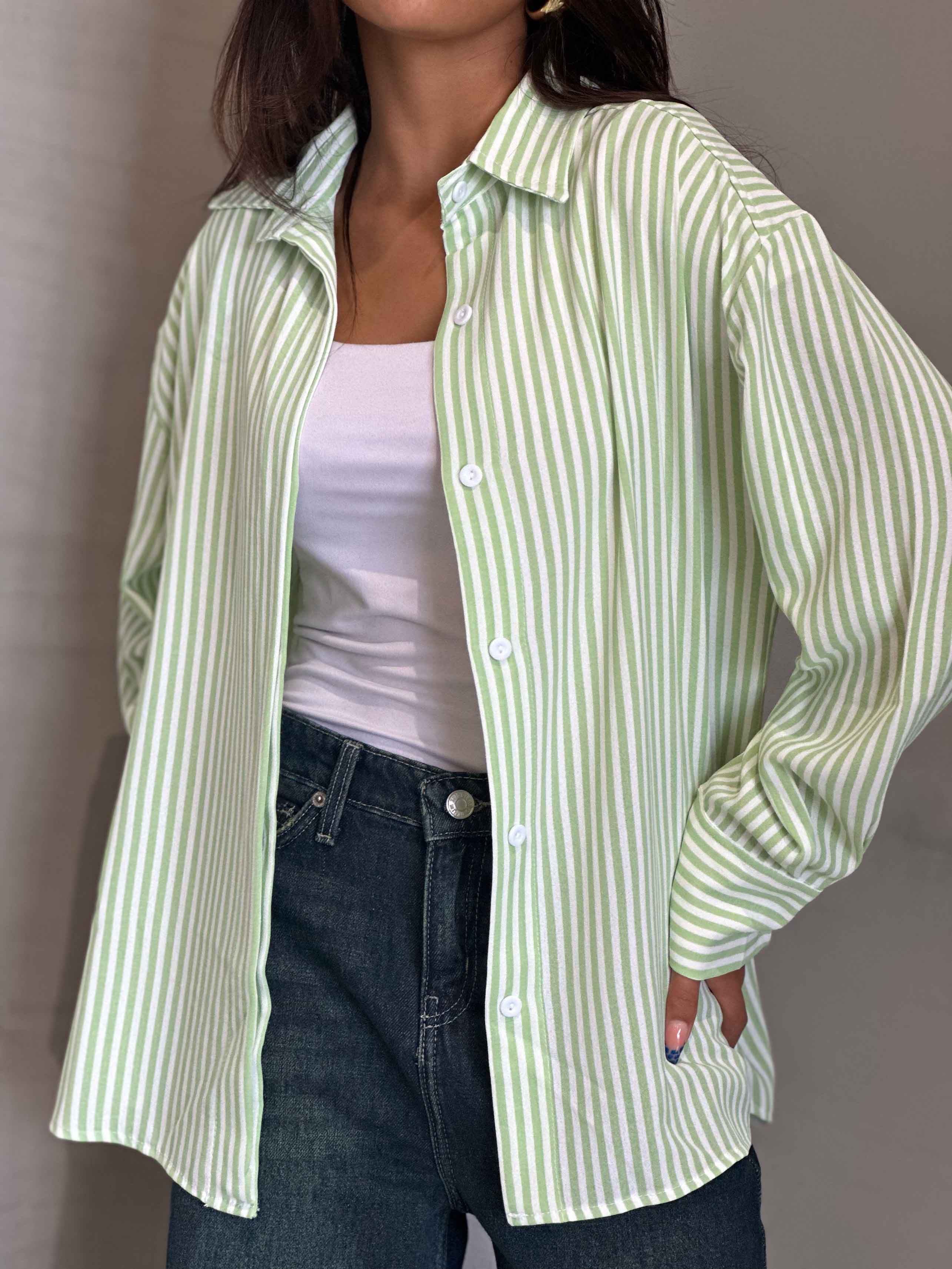 Shirt - Lime Green/White Striped. New Line CIZARO    - Cizaro Jeans