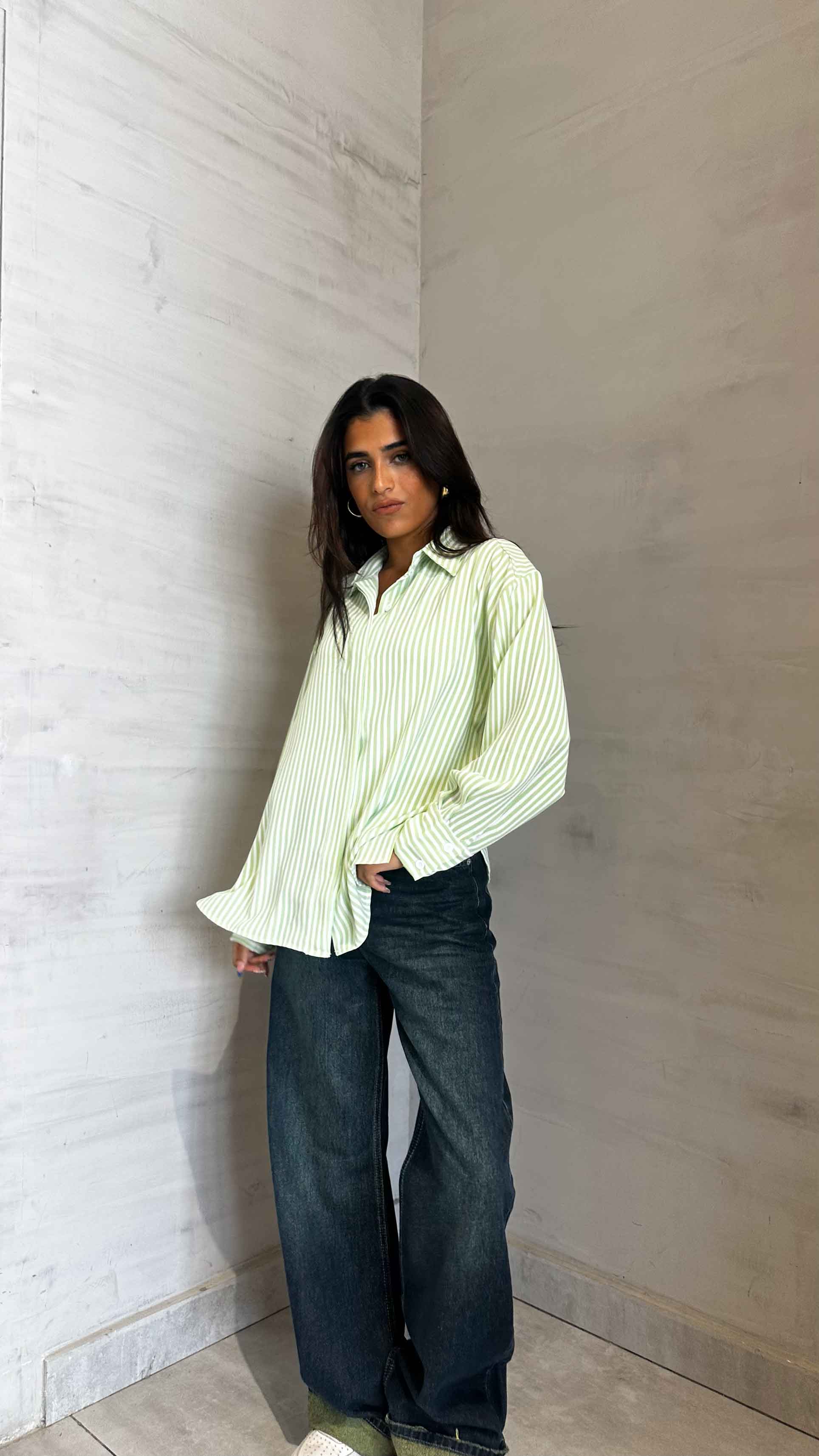 Shirt - Lime Green/White Striped. New Line CIZARO    - Cizaro Jeans