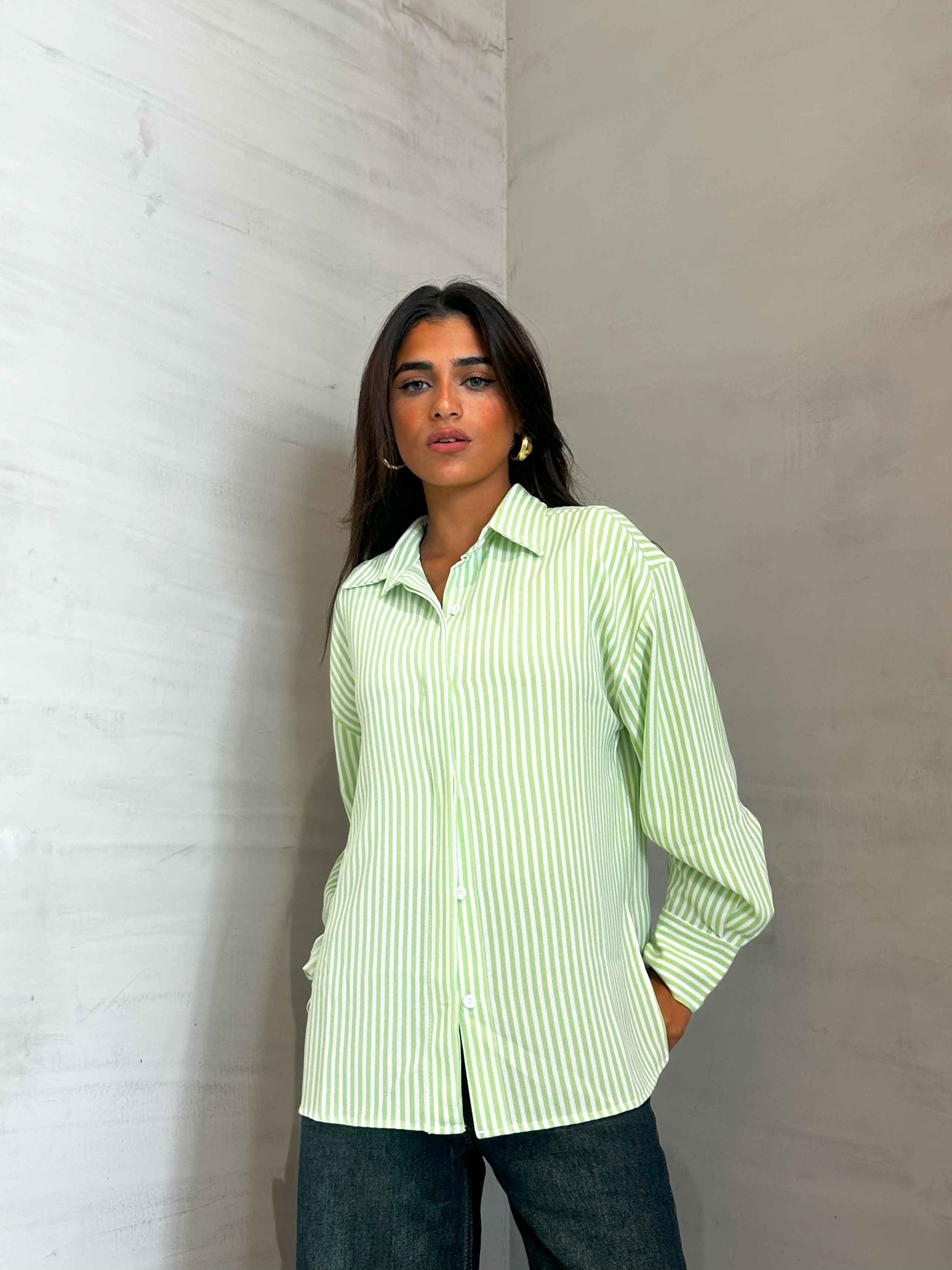Shirt - Lime Green/White Striped. New Line CIZARO    - Cizaro Jeans