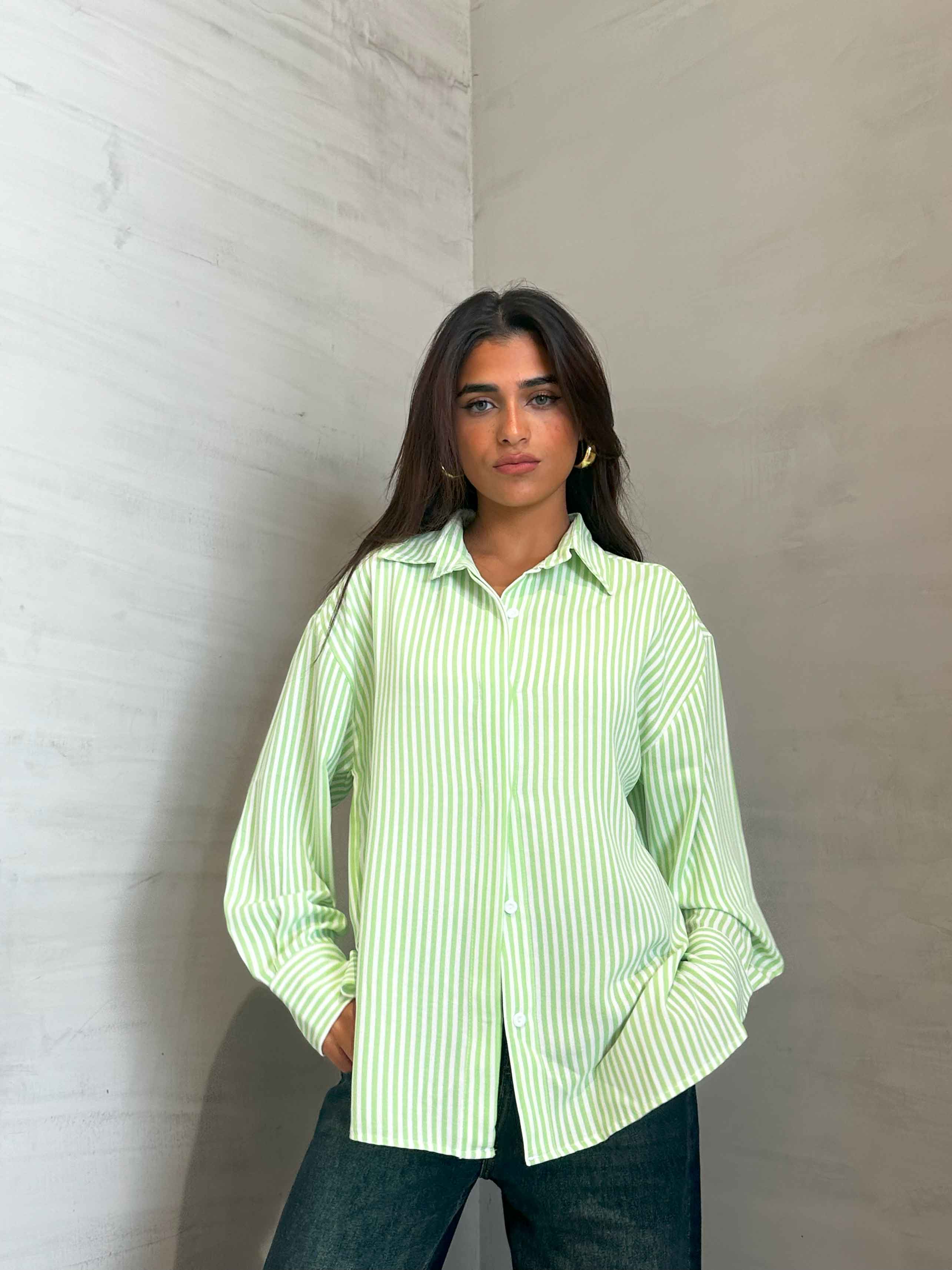 Shirt - Lime Green/White Striped. New Line CIZARO    - Cizaro Jeans