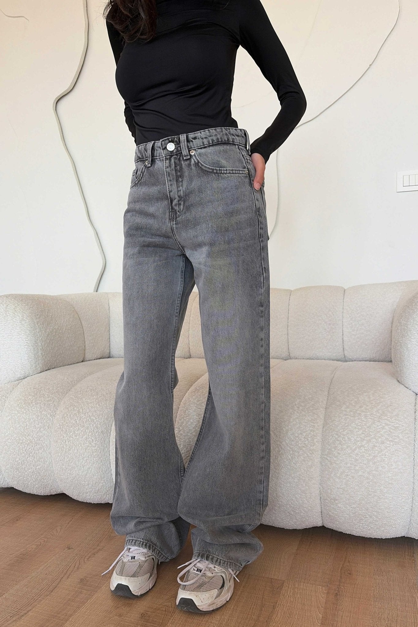 Straight – Mid Rise Mid Grey Washed Jeans Straight CIZARO - Cizaro Jeans
