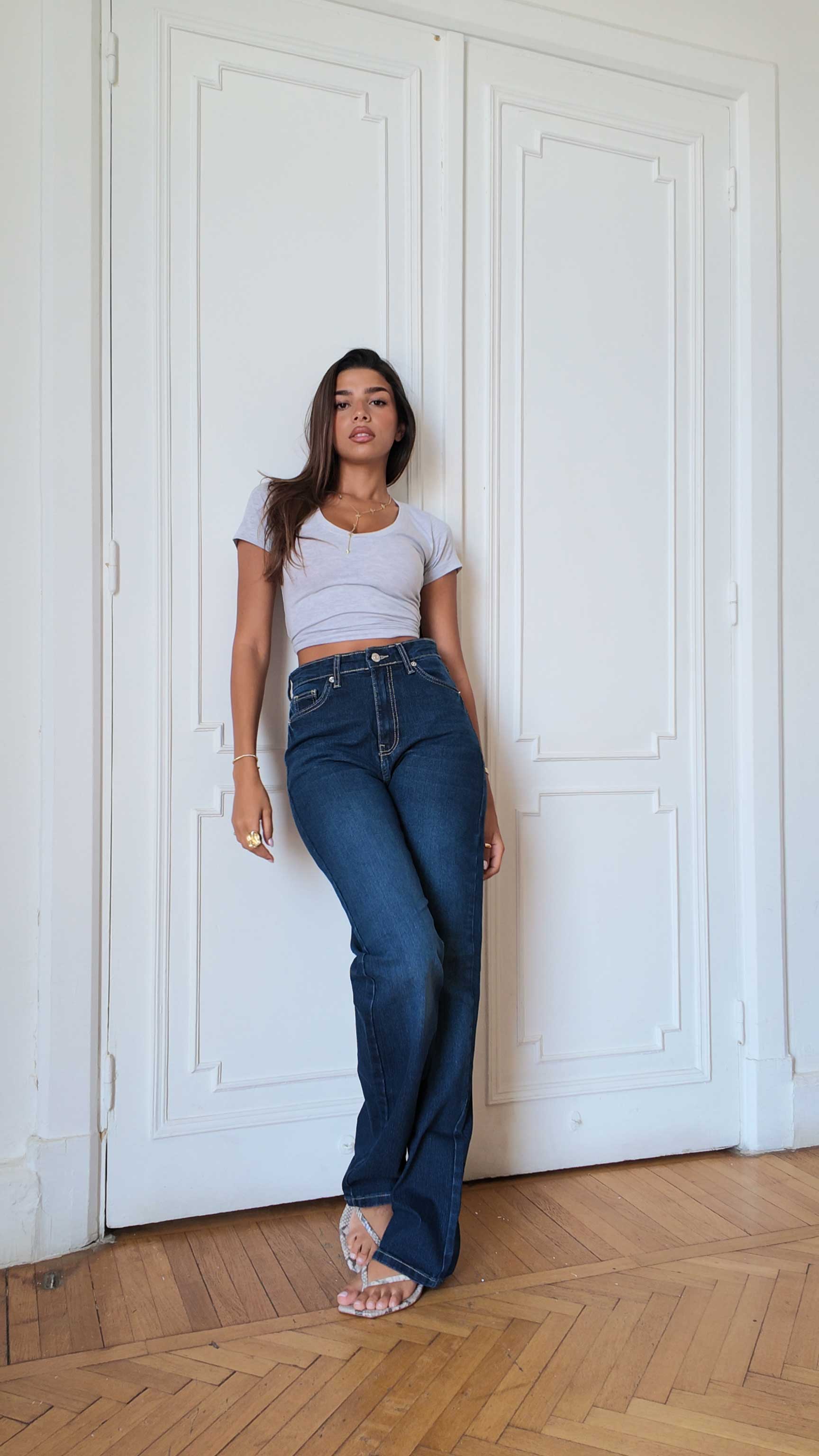 Outlined Straight High-Waist Dark Indigo Blue Straight CIZARO - Cizaro Jeans