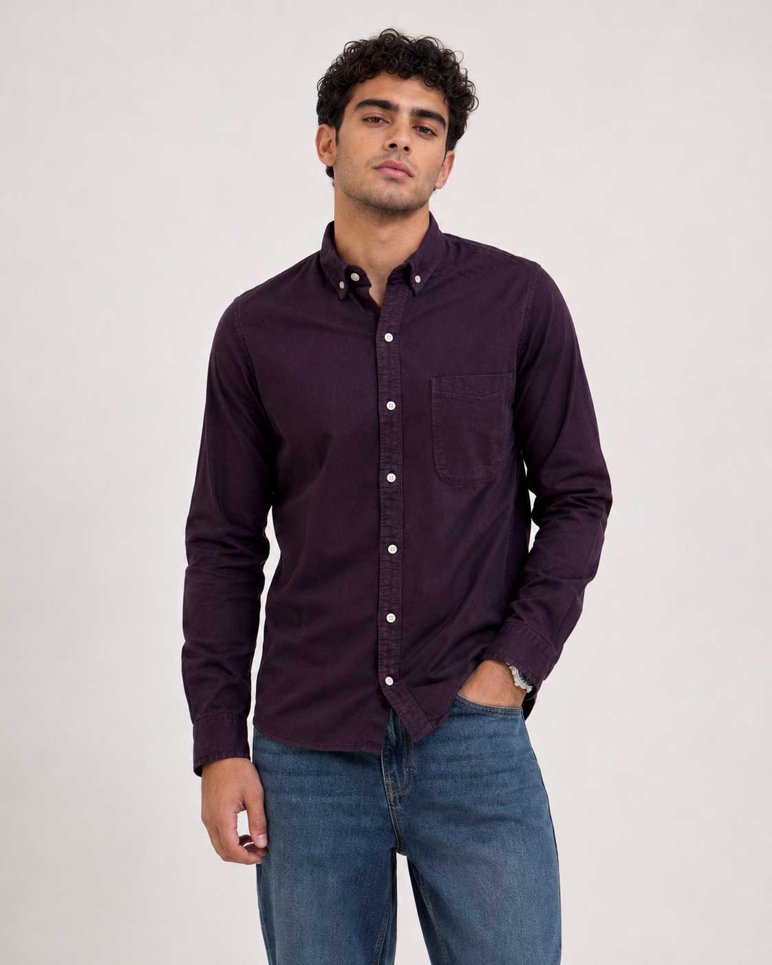 Regular Fit Denim Shirt – Burgundy Shirt CIZARO - Cizaro Jeans