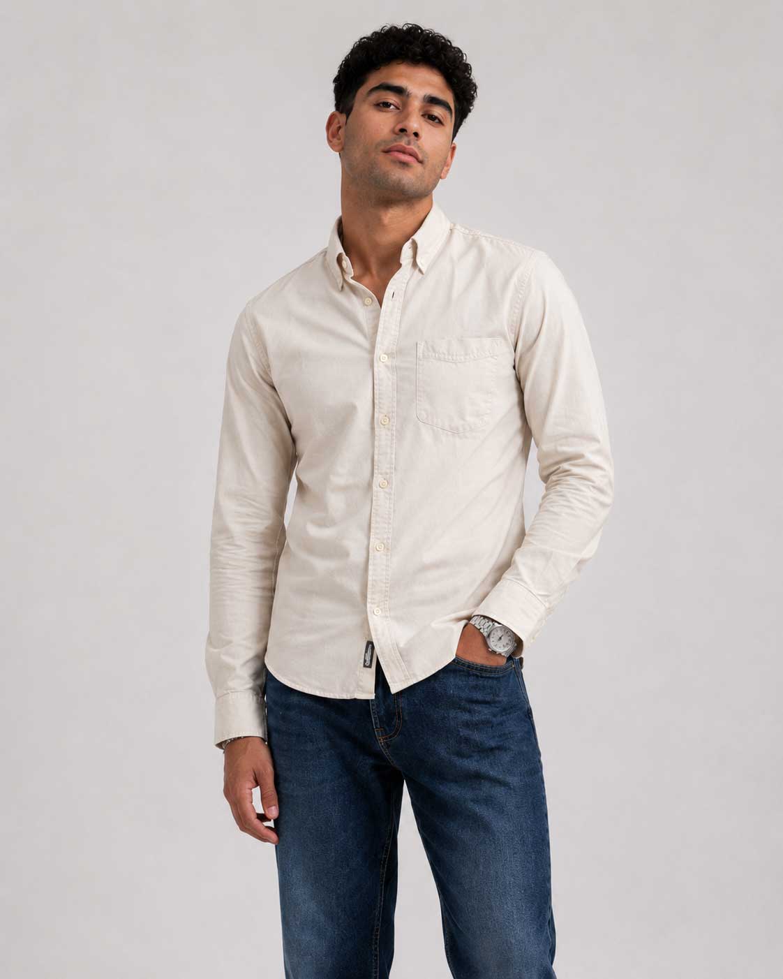Regular Fit Denim Shirt – Beige Shirt CIZARO - Cizaro Jeans