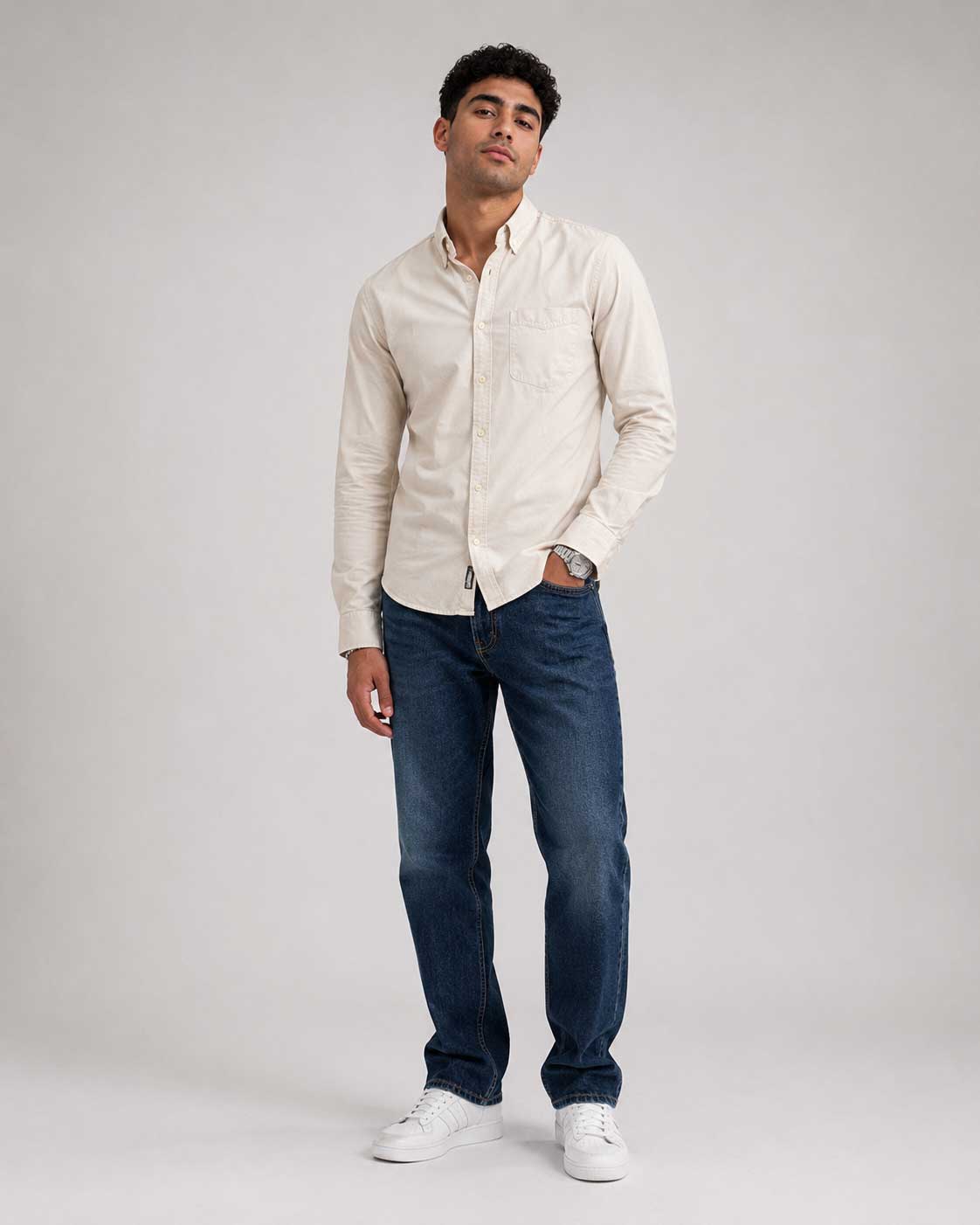 Regular Fit Denim Shirt – Beige Shirt CIZARO - Cizaro Jeans