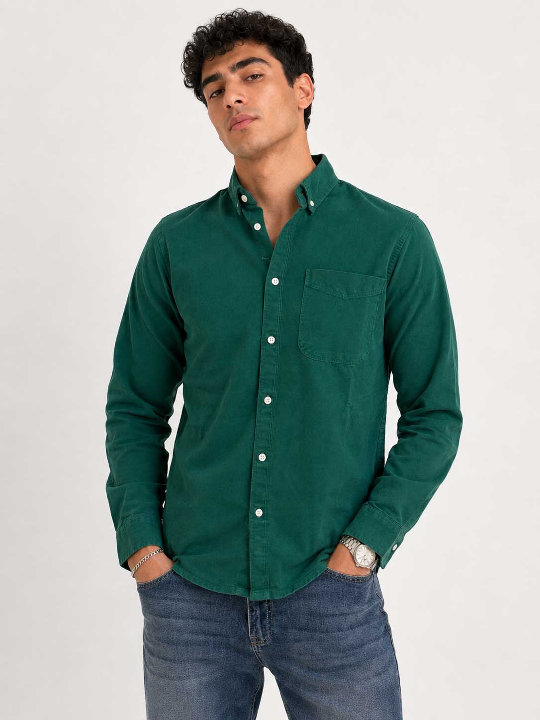 Regular Fit Denim Shirt Green Shirt CIZARO - Cizaro Jeans