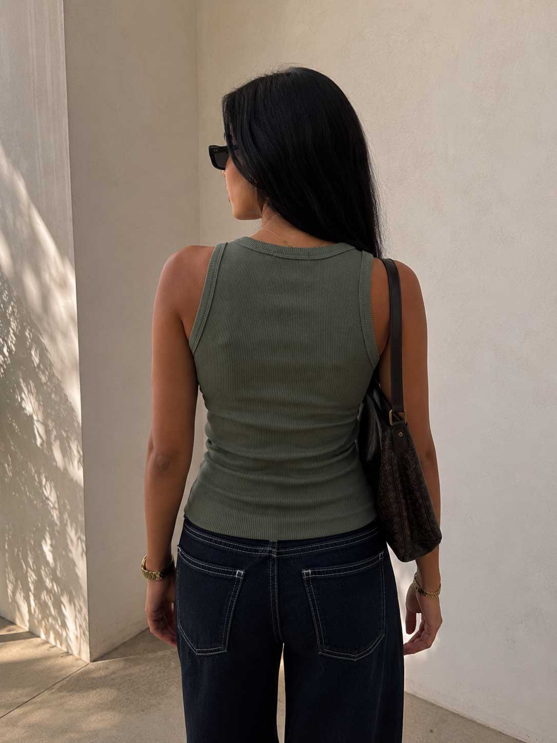 Ribbed Crew Neck Tank Top – Olive Basic shirt CIZARO - Cizaro Jeans
