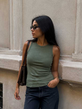 Ribbed Crew Neck Tank Top – Olive