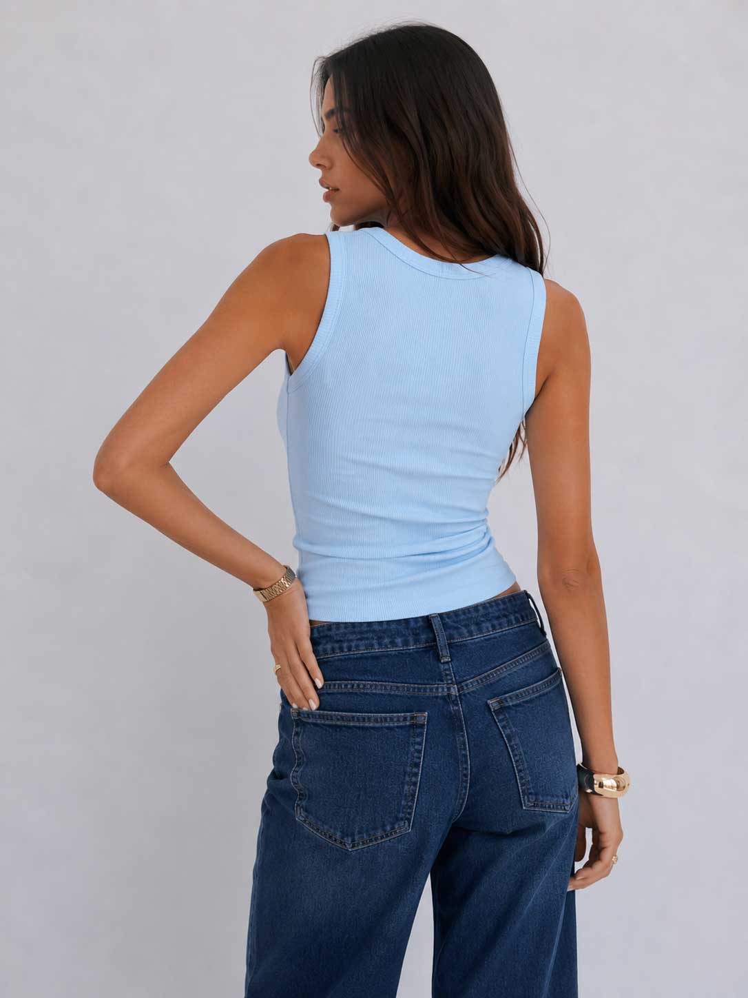 Ribbed V-Neck Tank Top – Baby Blue Basic Top CIZARO - Cizaro Jeans