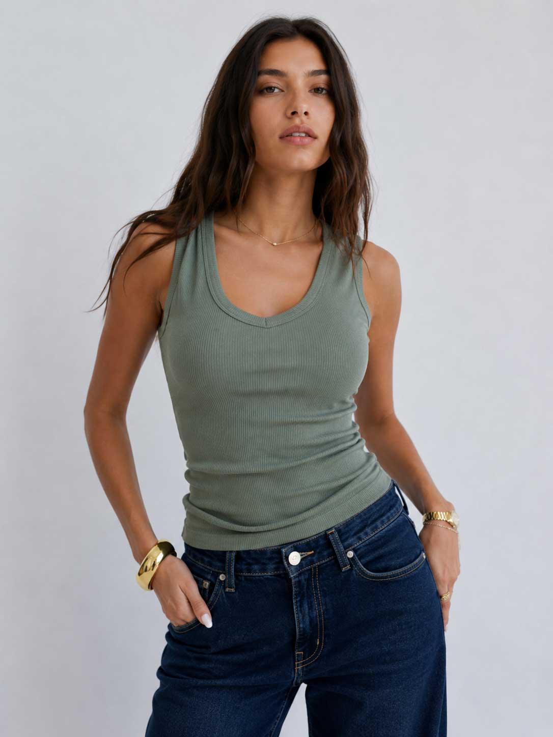 Ribbed V-neck Tank Top _ Olive Basic Top CIZARO - Cizaro Jeans