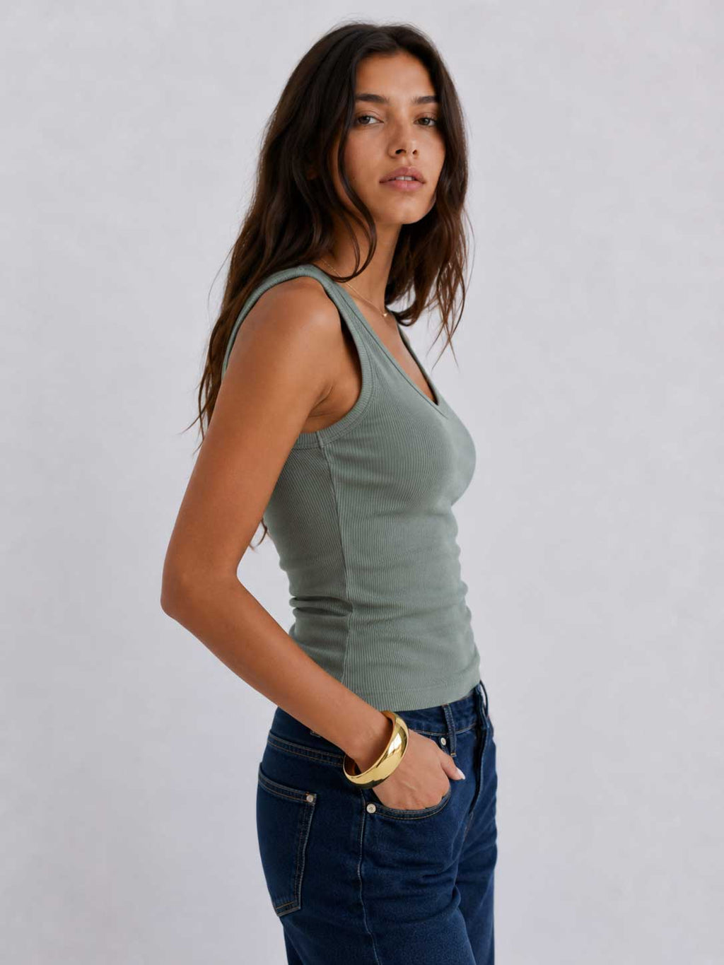 Ribbed V-neck Tank Top _ Olive