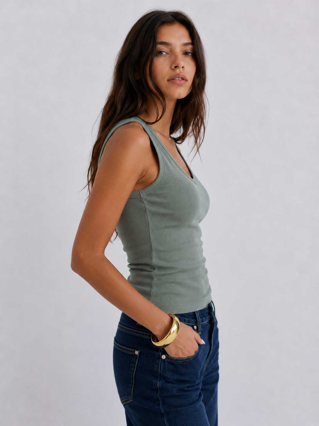 Ribbed V-neck Tank Top _ Olive Basic Top CIZARO - Cizaro Jeans