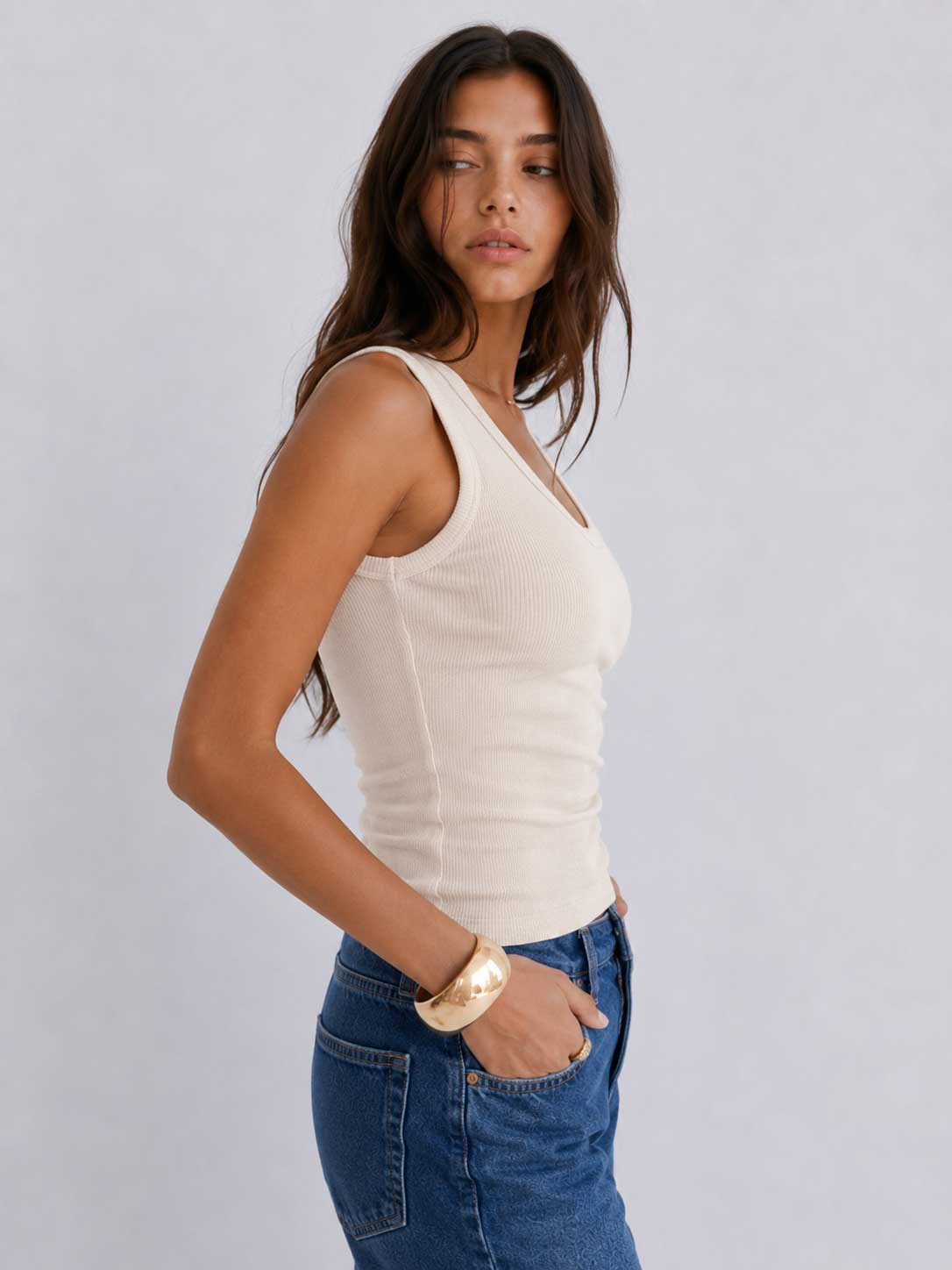 Ribbed V-neck Tank Top _ Soft Sand Basic Top CIZARO - Cizaro Jeans