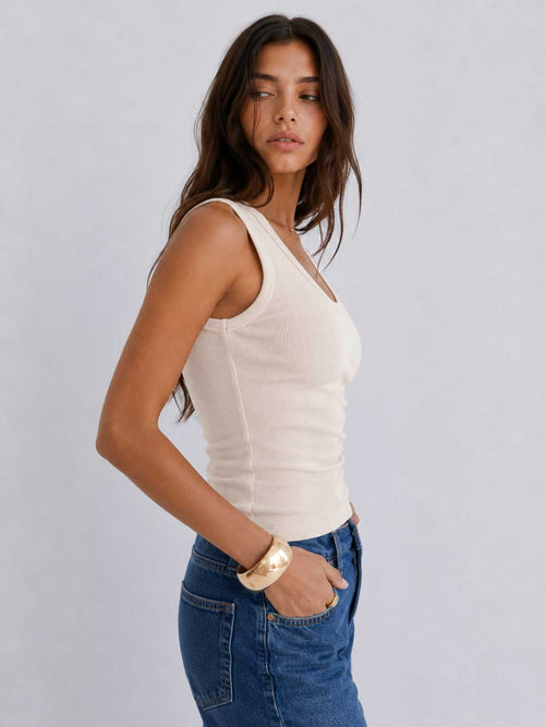 Ribbed V-neck Tank Top _ Soft Sand V-neck top CIZARO - Cizaro Jeans