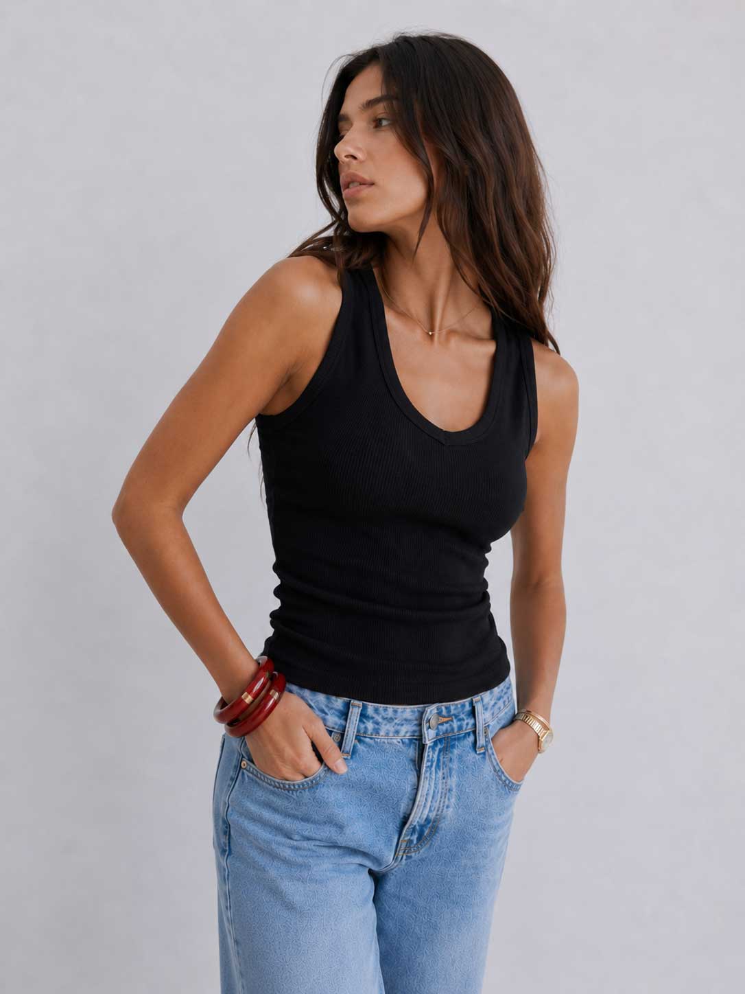 Ribbed V-neck Tank Top _ Black Basic Top CIZARO - Cizaro Jeans