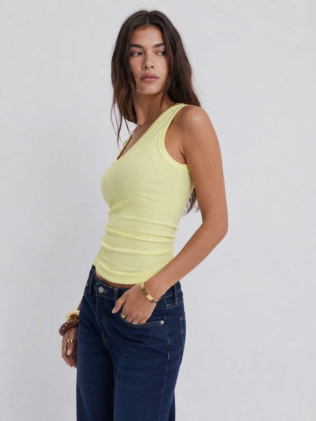 Ribbed V-neck Tank Top _ Butter yellow Basic Top CIZARO - Cizaro Jeans