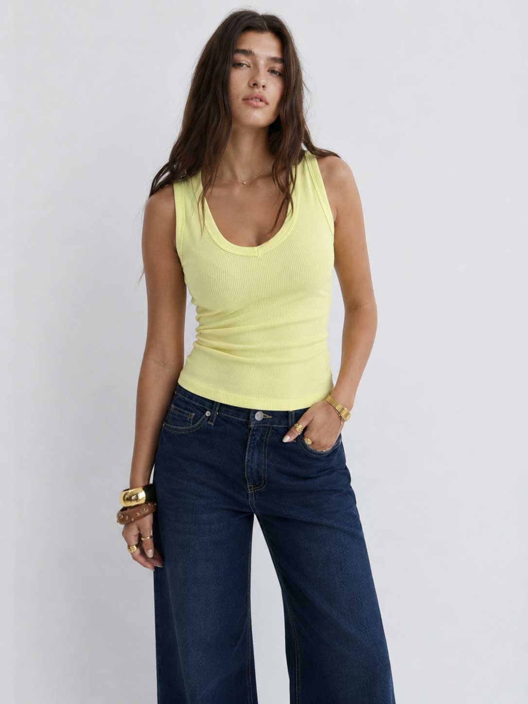 Ribbed V-neck Tank Top _ Butter yellow Basic Top CIZARO - Cizaro Jeans