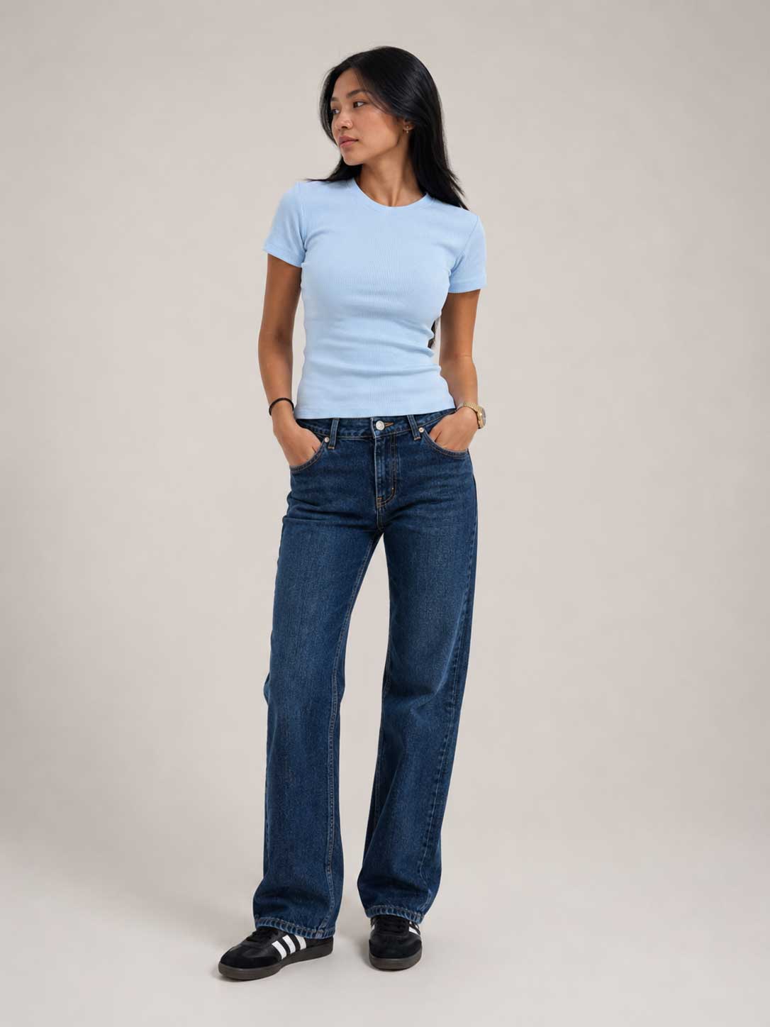 Short Sleeve Crew Neck Ribbed Top – Pastel Blue Top CIZARO - Cizaro Jeans